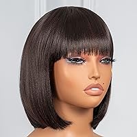 Vista 4 de ToyoTress Pelucas Bob de Cabello Marrón Claro con Flequillo - Peluca de Cabello Liso Yaki de 10 Pulgadas para Uso Diario y Disfraces para Mujeres