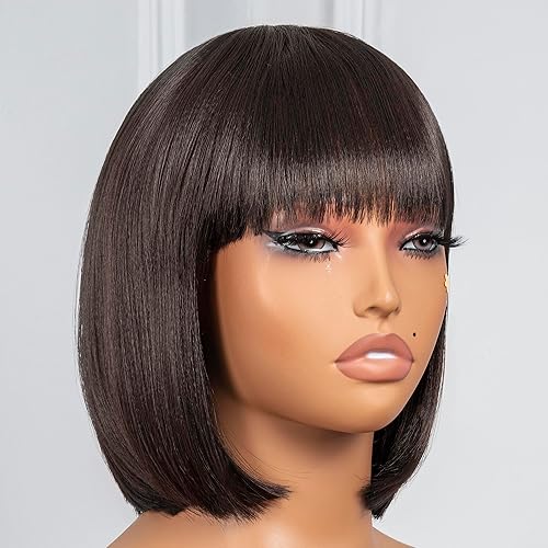 Miniatura 4 de ToyoTress Pelucas de cabello lacio Yaki de 10 pulgadas de color marrón claro con flequillo, peluca de cabello sintético suave y corto de repuesto