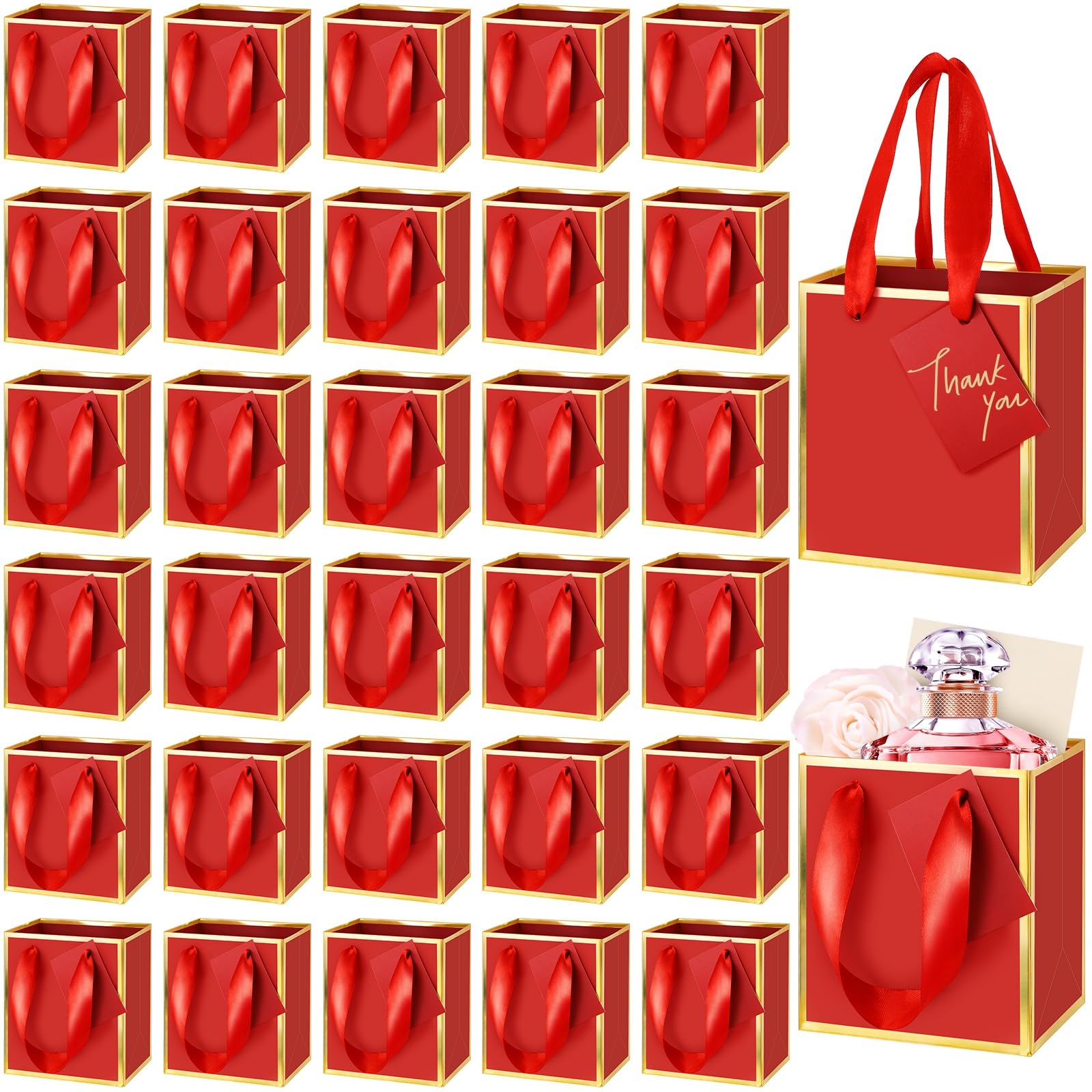 Yeaqee 50 Pcs Mini Metallic Paper Gift Bags with Handles 4x2.75x4.5'' Tiny Small Gift Bags with Thank You Tag for Wedding Graduation Birthday Party Return Gifts Jewelry Business (Red,Gold)