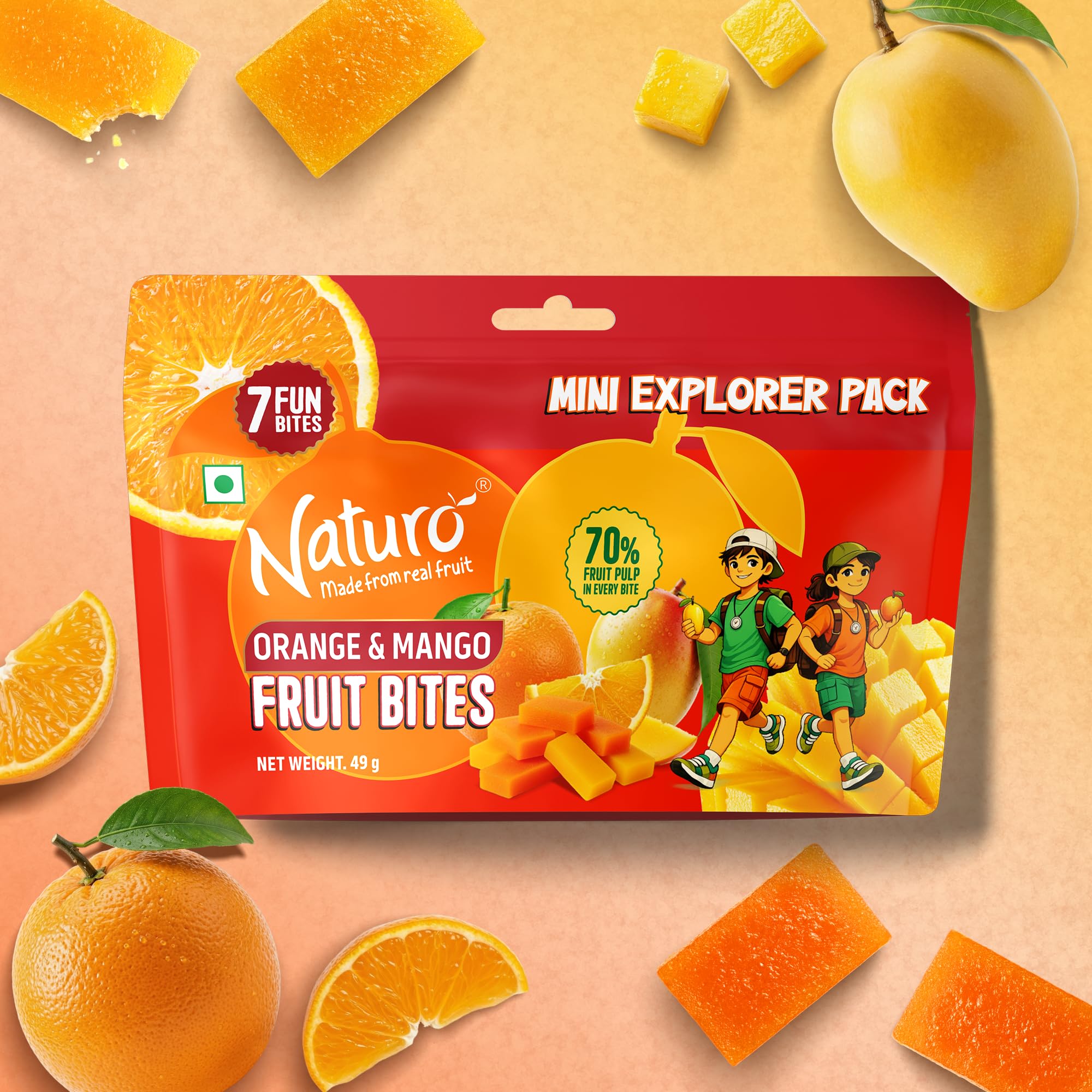 naturo mini orange & mango blasty bites | made with real fruit pulp | soft & chewy fruit snack | source of fibre | fat free | mini explorer pack | 49g (7 fun bites)