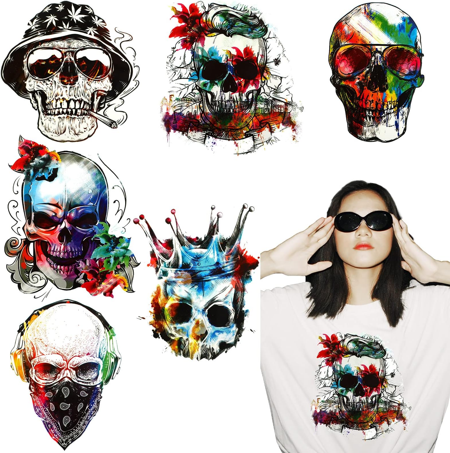 6 Pieces Iron on Decals for Clothing T Shirts Skull Iron on Patches Iron on Stickers 4 Inch DIY Heat Transfer Clothing Patches Coat(Skull Style)