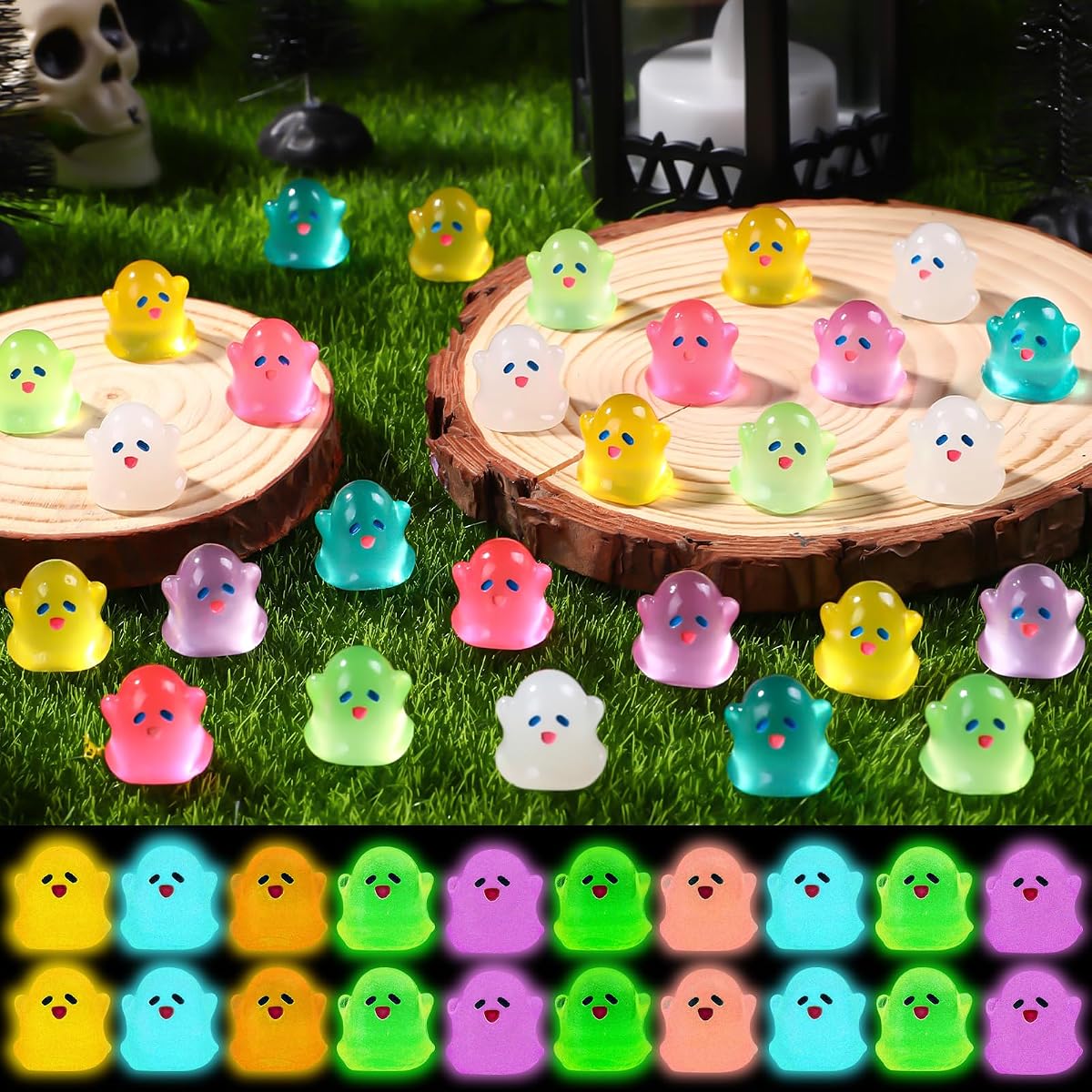 70pcs Halloween Luminous Mini Ghost Figurine Multicolor Glowing Ghost 0.59" | Glow in The Dark Cute Miniature Resin Ghost Statue Halloween Micro Landscape Accessories Outdoor Decor Dollhouse Accessories