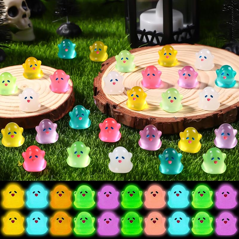 70pcs Halloween Luminous Mini Ghost Figurine Multicolor Glowing Ghost 0.59" | Glow in The Dark Cute Miniature Resin Ghost Statue Halloween Micro Landscape Accessories Outdoor Decor Dollhouse Accessories