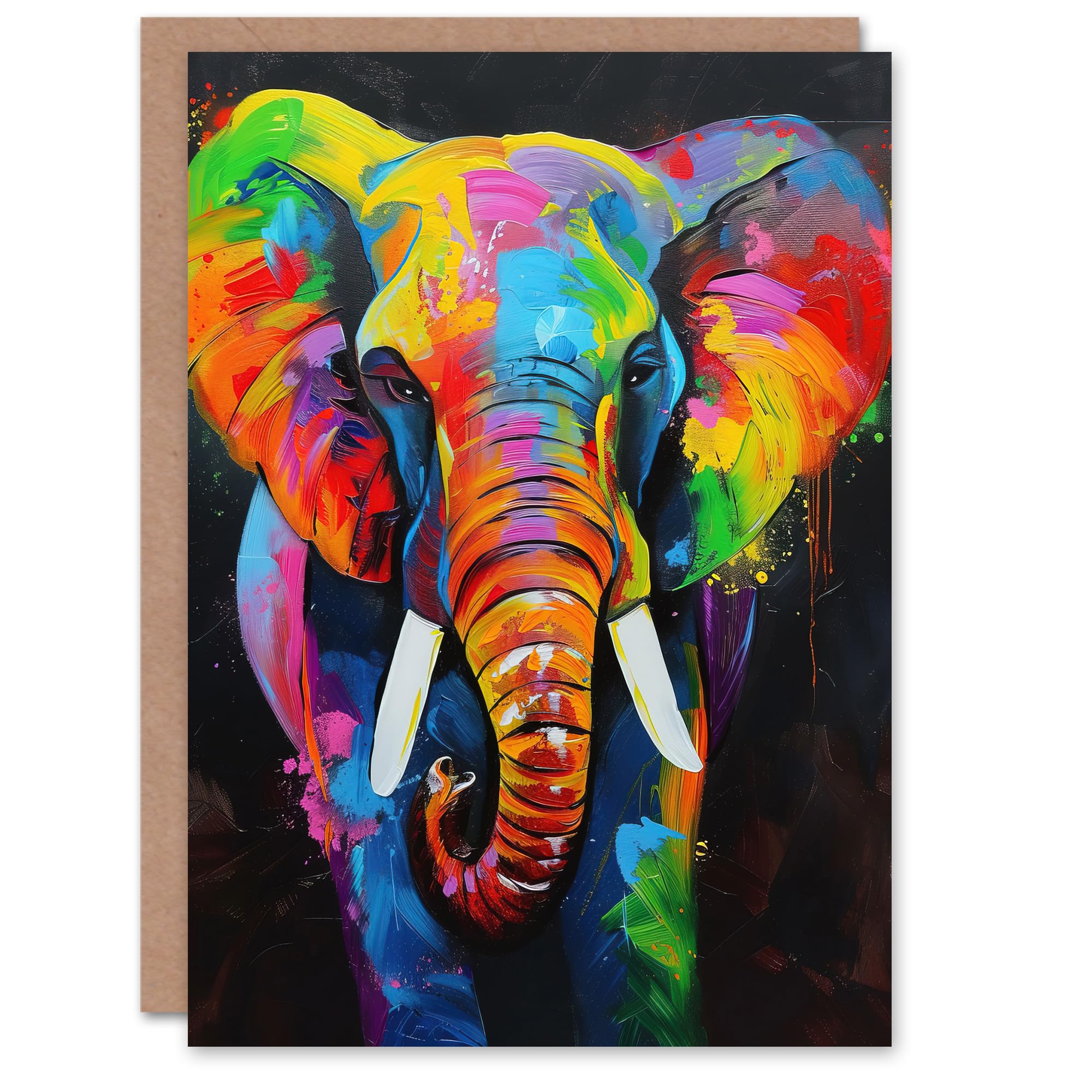 Artery8 Colourful Elephant Vibrant Psychedelic Painting Greeting Birthday Card Him Her All Blank