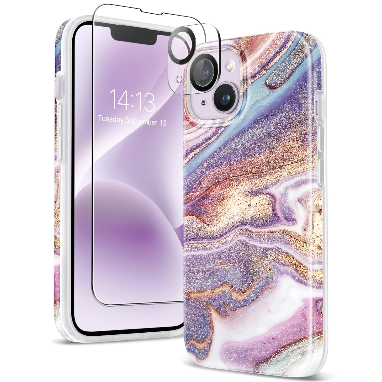 GVIEWIN Marble for iPhone 14 Case, with Screen Protector & Camera Lens Protector, [10FT Military Grade Drop Protection] Slim TPU Phone Case Cover