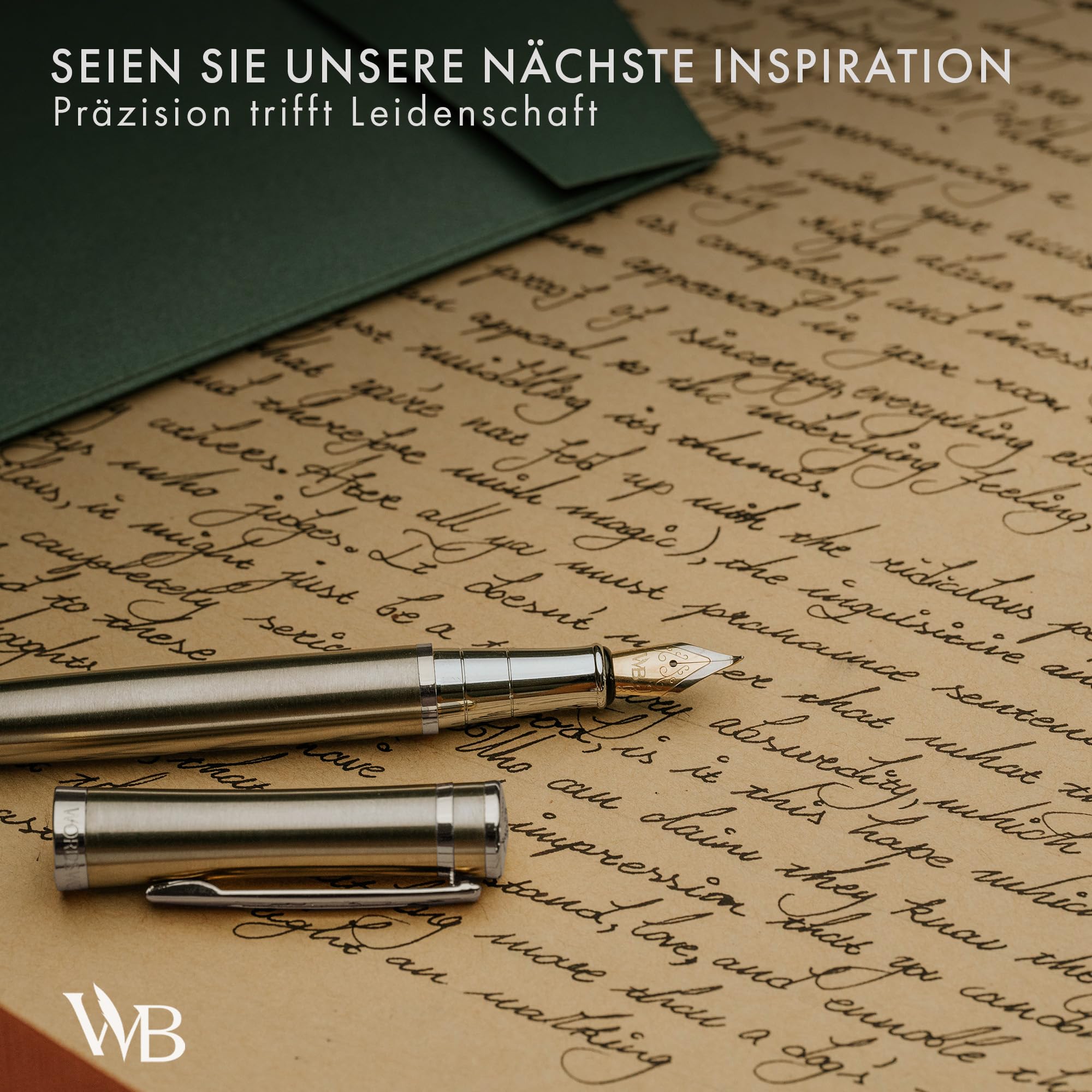 Wordsworth & Black Füllfederhalter-Geschenkset, beinhaltet Tintenflasche, 6 Tintenpatronen, Tintenauffüllkonverter, 4 Ersatzfedern, Premium-Paket, Journaling, Kalligraphie, [Grüner Chrom]