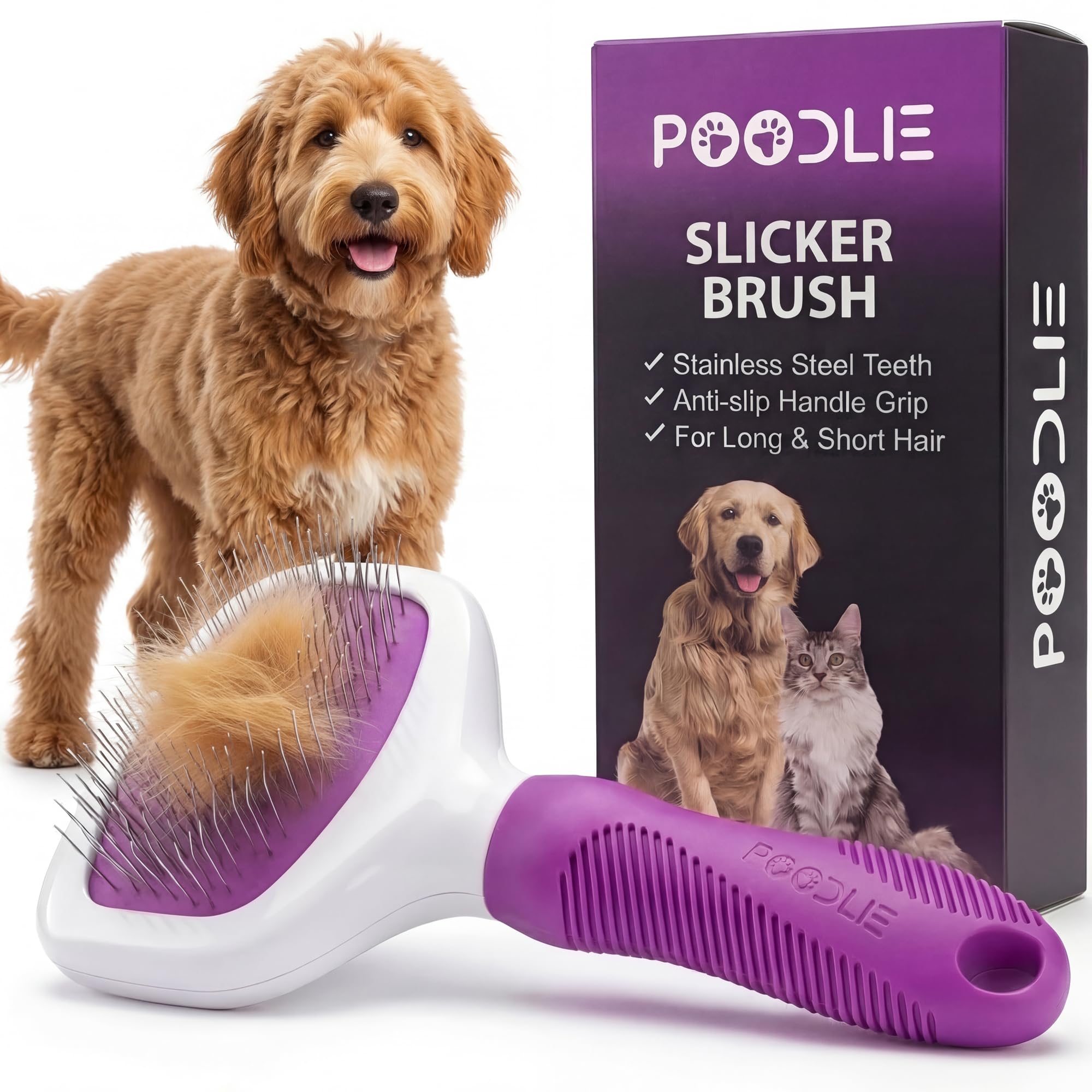 POODLIE Pet Slicker Brush Small Large Dogs Pet Hair Remover Rotating Head | Effectively Effortlessly Removes Tangles, Mats Loose Hair Short Long Hair(Grooming Brush)