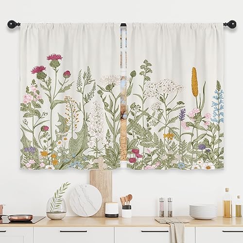Riyidecor Cortinas rústicas de flores con bolsillo para cortinero de hojas color verde, vintage, floral, coloridas hierbas para plantas para