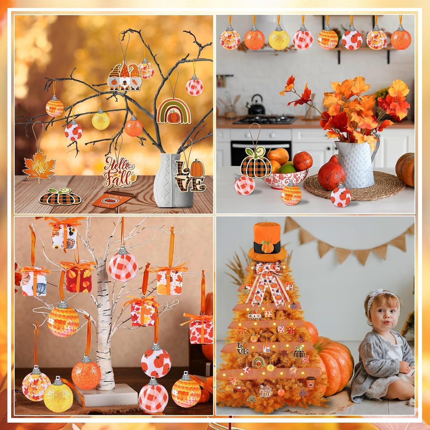 44 Pcs Fall Tree Ornaments Decorations Thanksgiving Wreath Bows Harvest Orange and Brown Decorations Fall Thanksgiving Tree Topper Hat Hanging Ornaments for Holiday Party Tree Hanging Decor