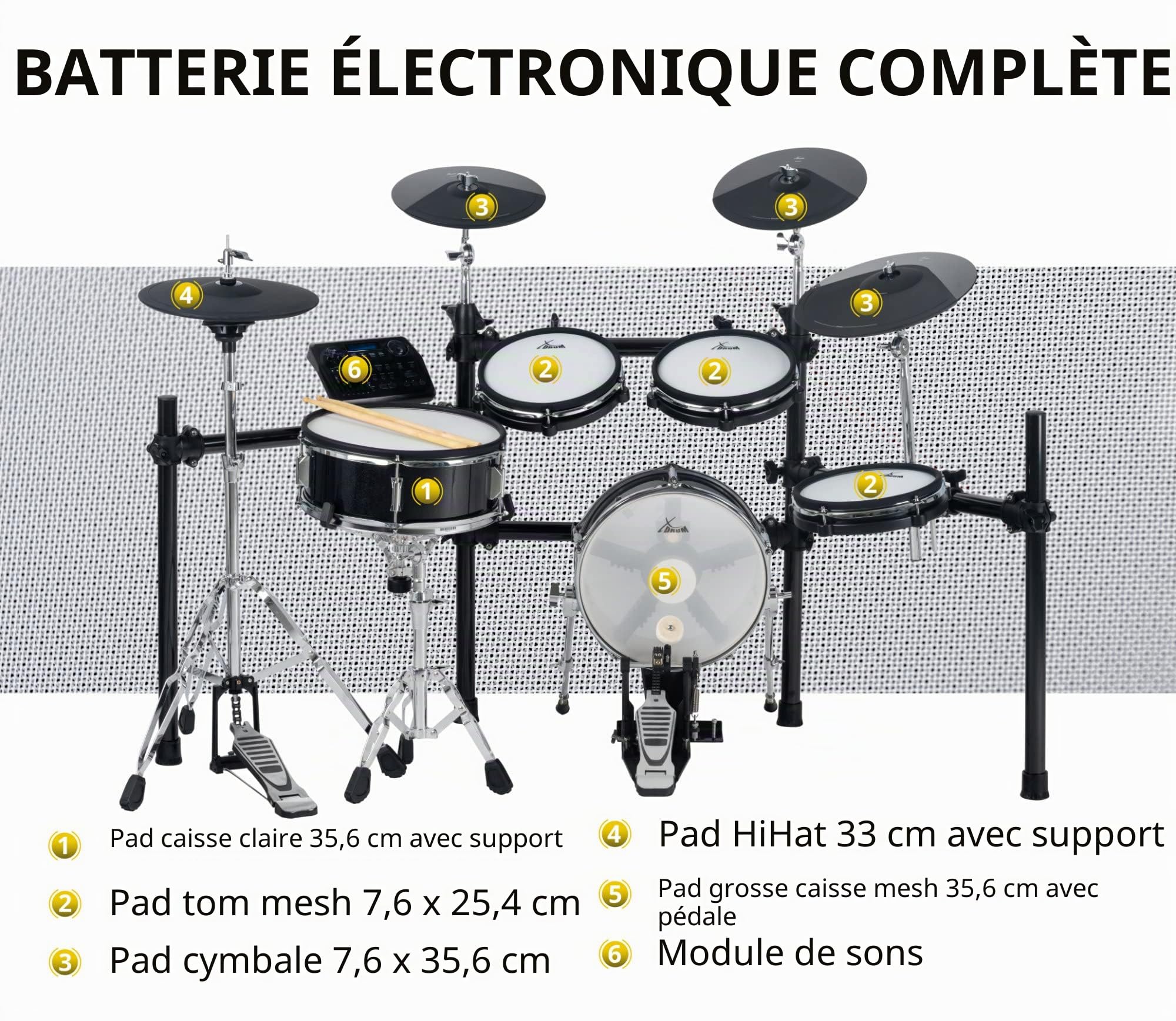 XDrum DD-650 Mesh E-Drum Kit - batterie électronique avec vraie HiHat, pads caisse claire et grosse caisse 14" bois, 720 sons, 20 kits préréglés + 20 utilisateurs, rack inclus, Black Sparkle.