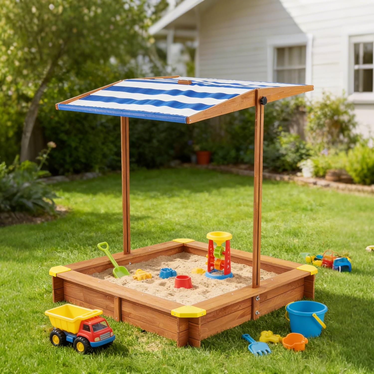 Kid's Sandbox with Cover, 46''x46'' Outdoor Wooden Sandpit w/Adjustable Canopy for Backyard Play