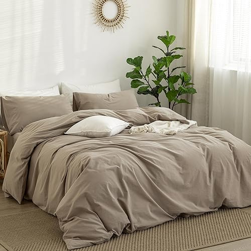 Miniatura 53 de MooMee - Juego de funda de edredón, 100% algodón lavado, textura parecida al lino, transpirable, duradero, suave y cómodo (gris pardo, King)