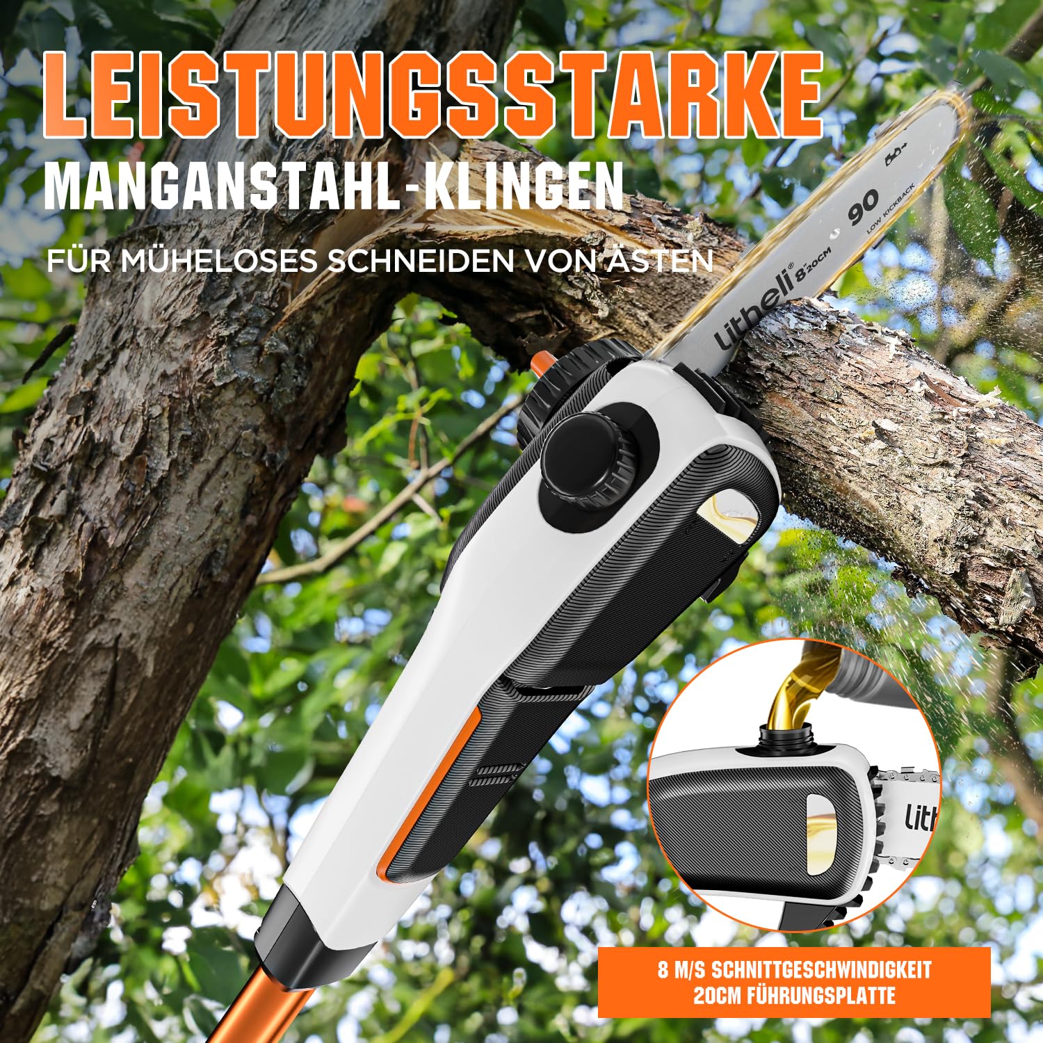 Litheli Stabheckenschere & Hochentaster mit zwei 2.0Ah Akkus, 47 cm Akku Teleskop Heckenschere, abwinkelbarer Kopf und Teleskopstiel zum Schneiden von Ästen, Trimmen.