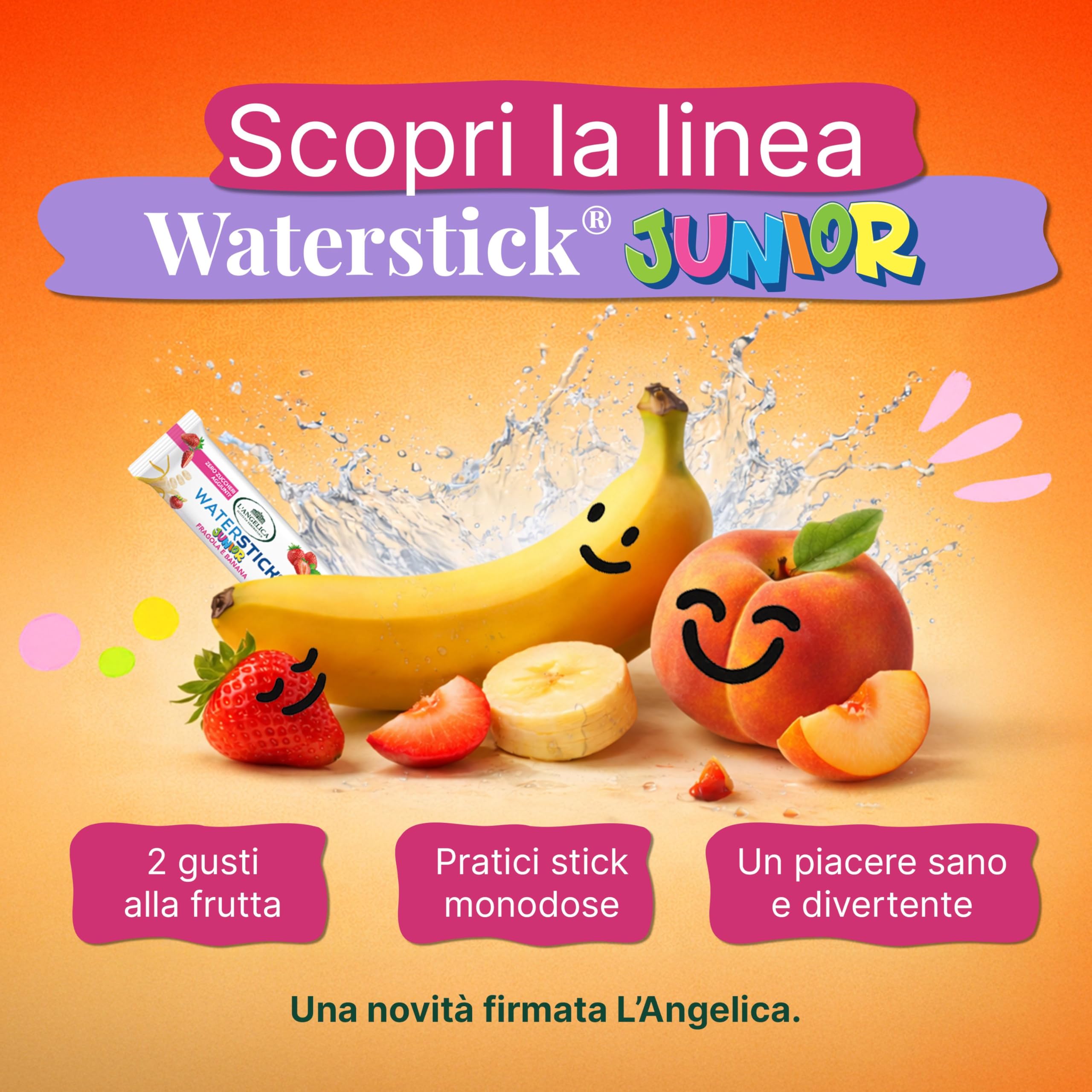 L'Angelica, Waterstick Junior, Gusto Tè alla Pesca Deteinato, Con Frutta, Vitamine, Zero Zuccheri Aggiunti, 6 Astucci da 12 Stick