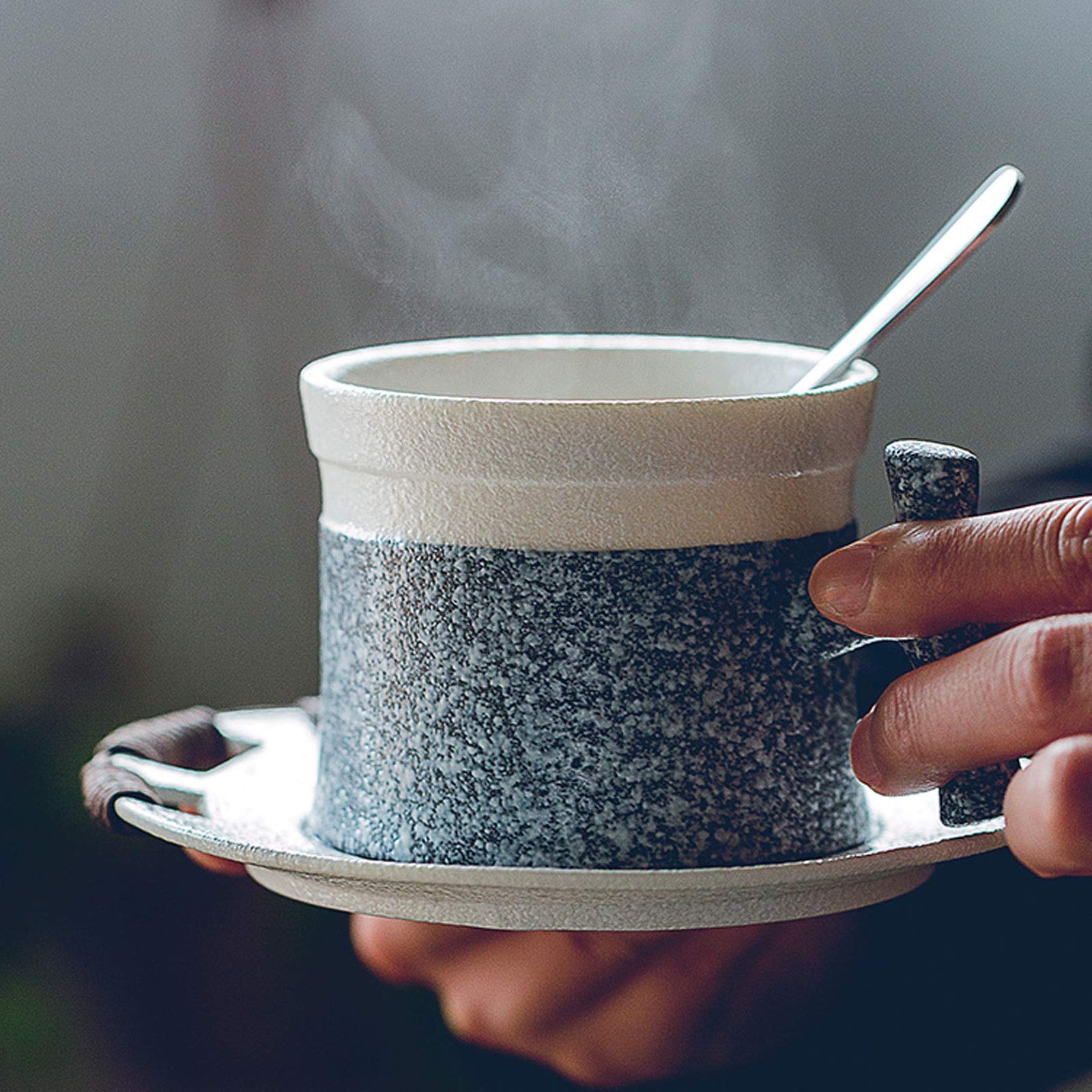 Taza de café con Esmalte de imitación de Piedra esmerilada, Taza de té/café de Porcelana de 5,4 onzas y platillo con asa y Plato Decorativo con Cuerda Atada a