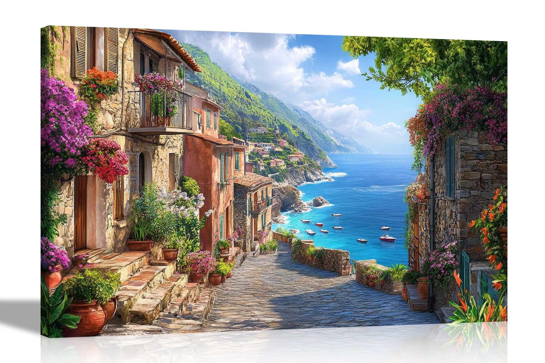 Artley Prints - Mediterranean Mountain Landscape Seashore View Canvas Wall Art Prints Colourful Pictures Living Room Bedroom Artwork Large 86 x 61cm (34 x 24 inches) A1