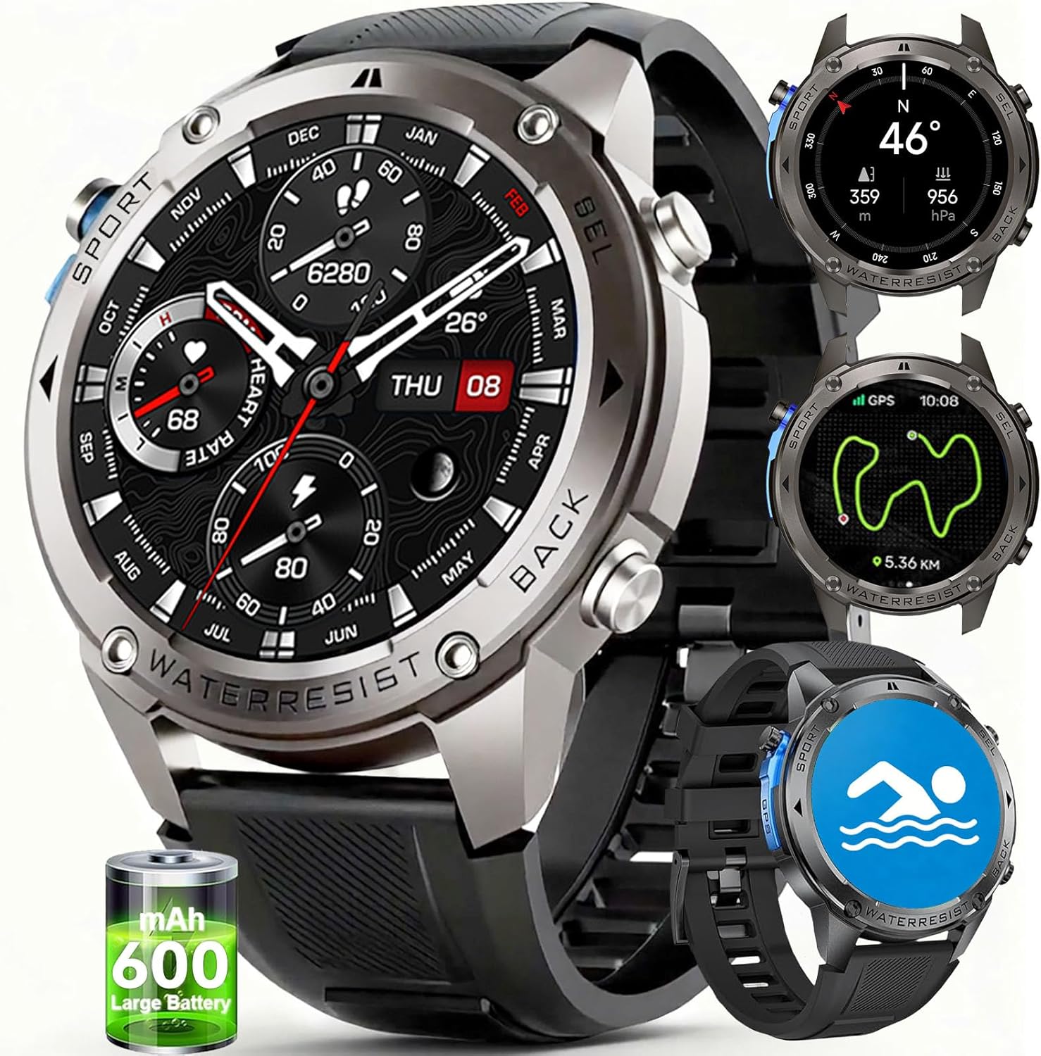 GPS Smart Watch for Men Military Rugged Smartwatches,Compass,50M Waterproof, 500mAh Large Battery,1.43" AMOLED Screen, Answer/Make Call, Compatible for Android iOS (2 Bands) Black (DM56-Black)