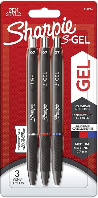 Sharpie S-Gel | Gel Pens | Medium Point (0.7mm) | Black, Red & Blue Ink | 3 Count