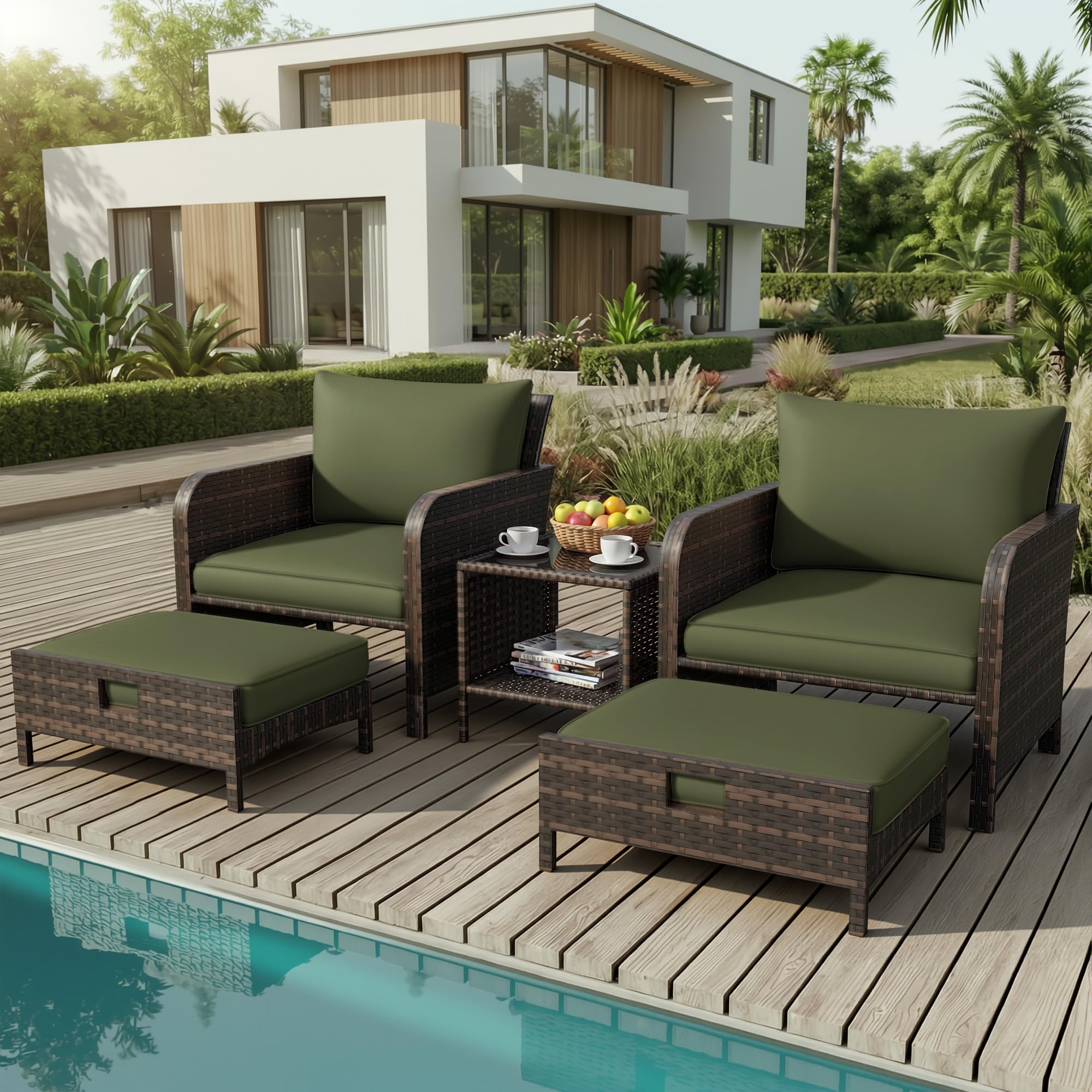 LEVELEVE Patio Conversation Set 5 Piece, Balcony Furniture Outdoor PE Rattan Wicker Lounge Chairs with Soft Cushions, 2 Ottomans & Glass Table for Porch Lawn, Brown (Khaki Cushions — view 15
