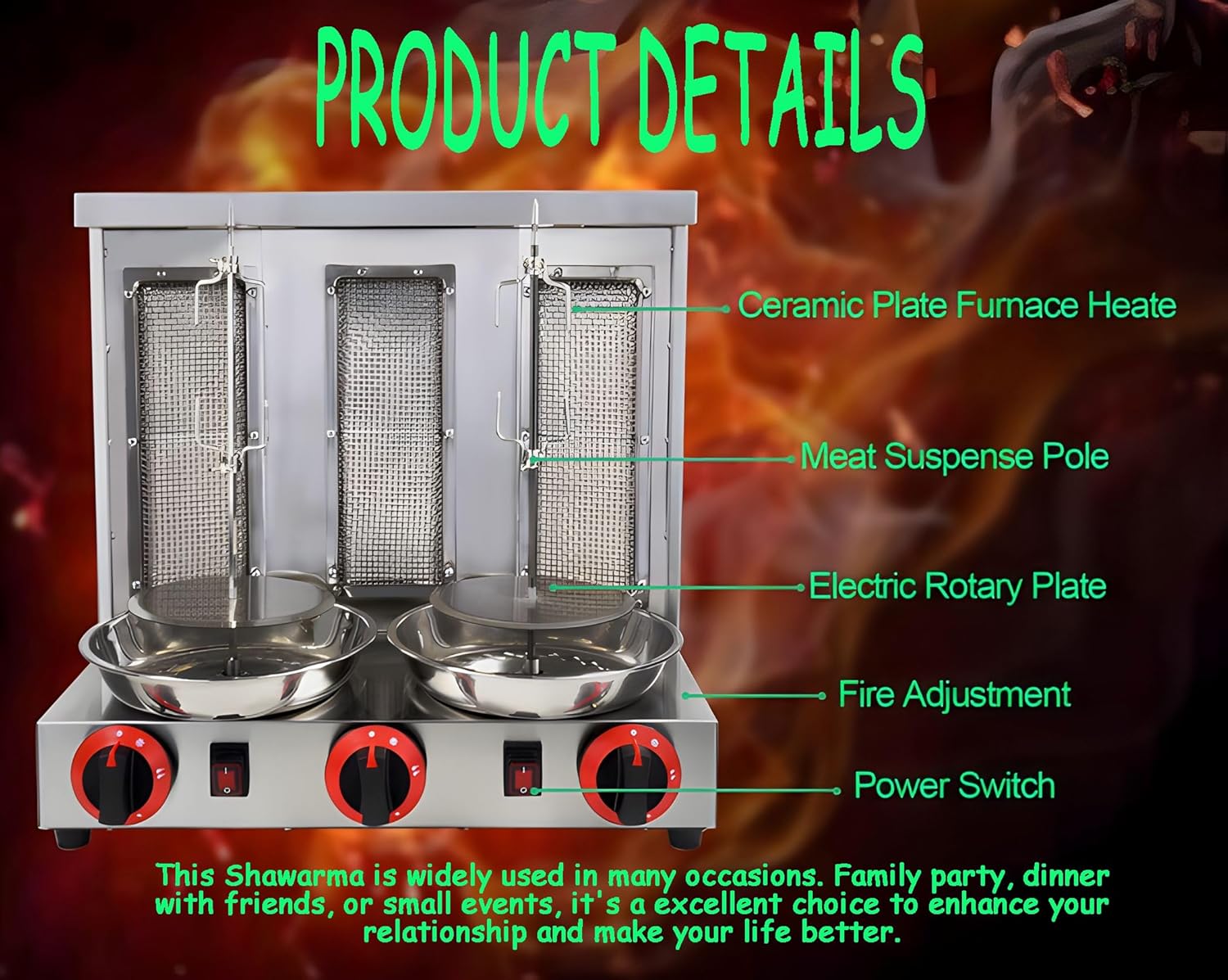 LP Gas Shawarma Grill Machine Vertical Broiler Gyro Machine Rotating Doner Kebab Machine with 3 Burners for Home Restaurant Kitchen Parties