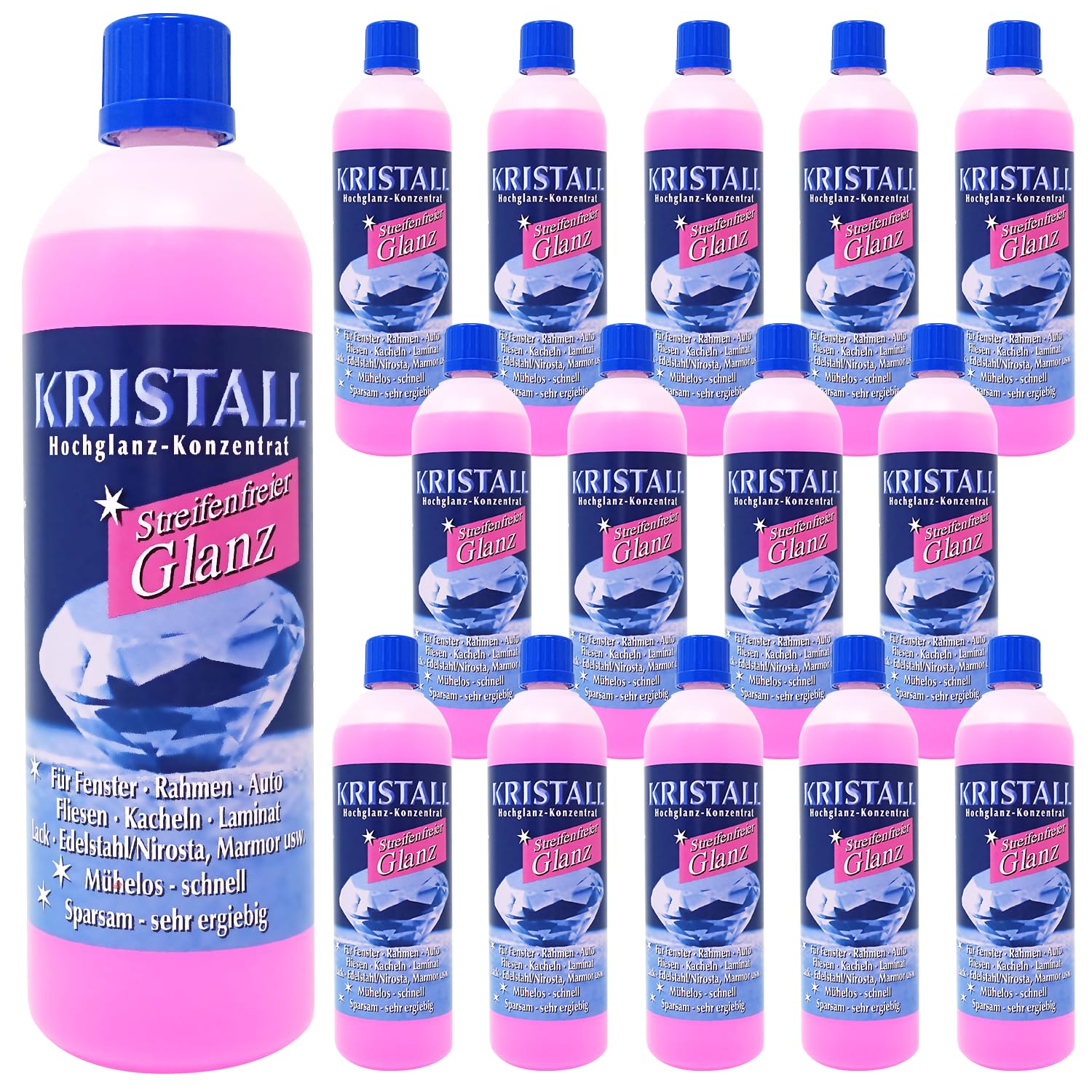 Kristall Hochglanz-Konzentrat - effektives Mittel zur nachhaltigen Reingung von Fenstern, Autoscheiben, Spiegelglas, Fliesen, Marmor und Lack , 15er Pack (15 x 250ml)
