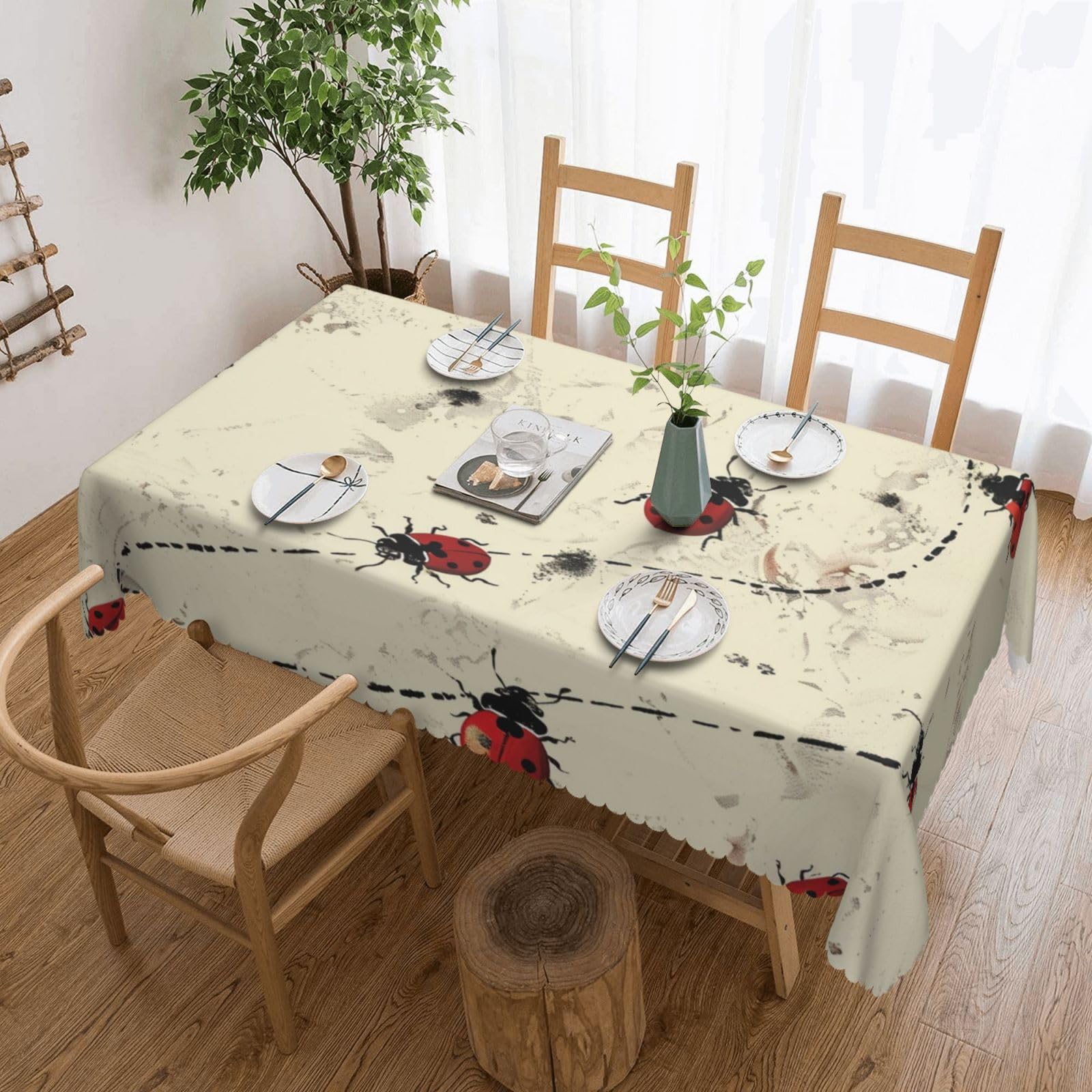 WPKJU Art Ladybug Tracks Print Printed Rectangle Tablecloth 72x54 Inch with Lace Trim, Water-Resistant Washable Table Cover for Farmhouse Weddings, Outdoor Picnics & Holiday Dining