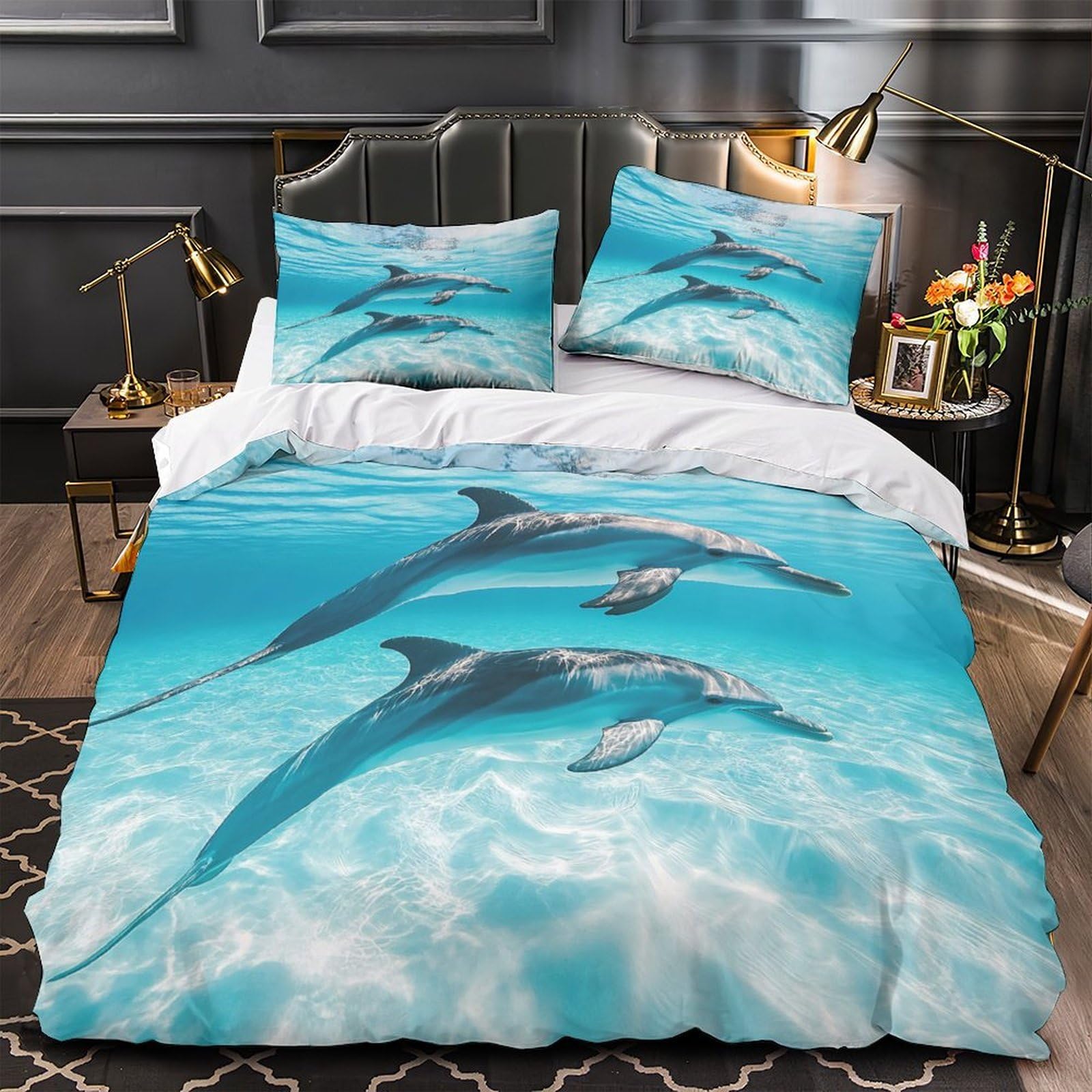 Housse de couette dauphins 140x200 lit simple microfibre hypoallergénique ado