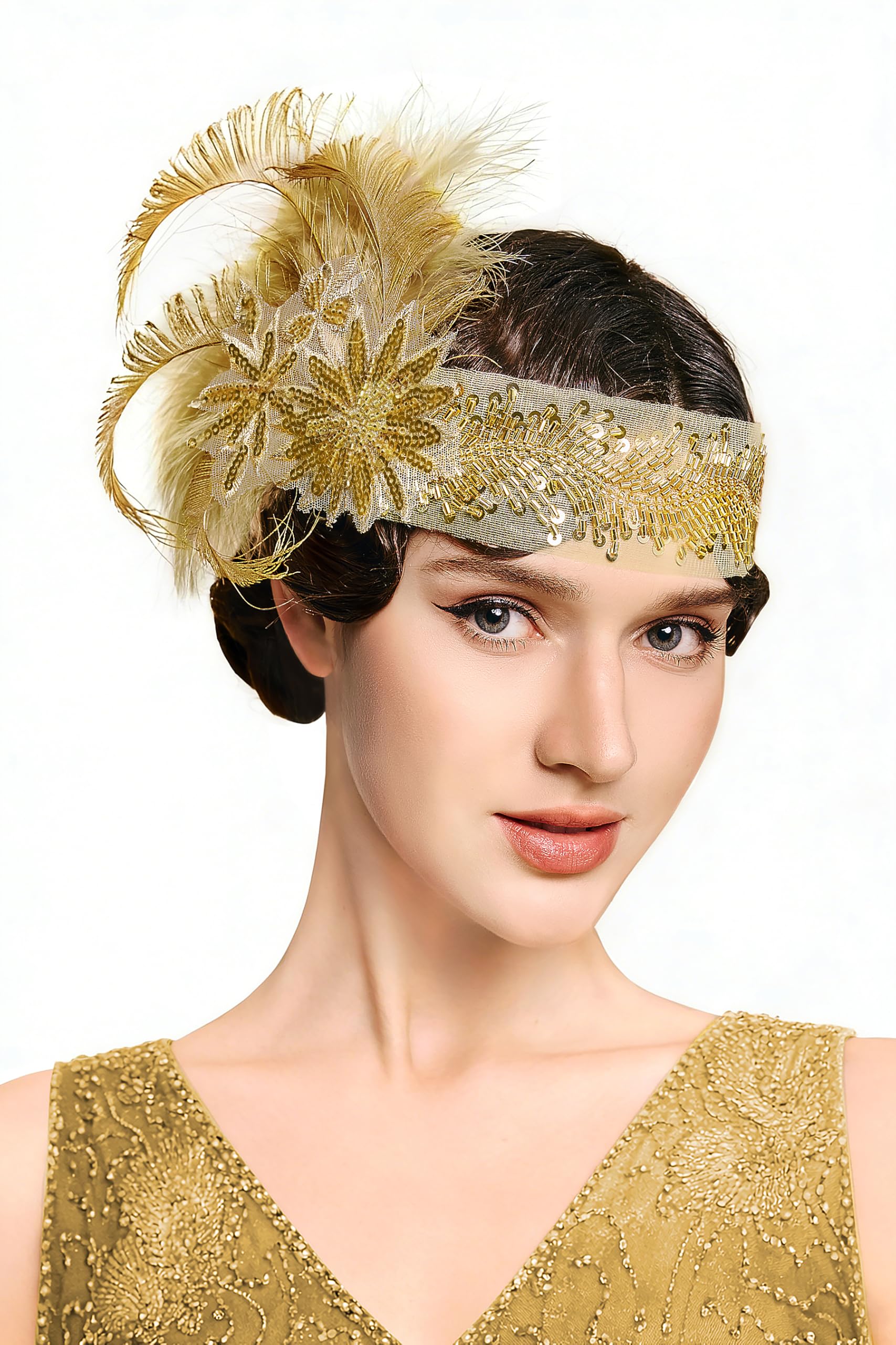 BABEYOND 1920er Jahre Feder-Flapper-Kopfschmuck – Gatsby Perlen-Pailletten-Stirnband, brüllende 20er-Jahre Accessoires für Damen (Gold)