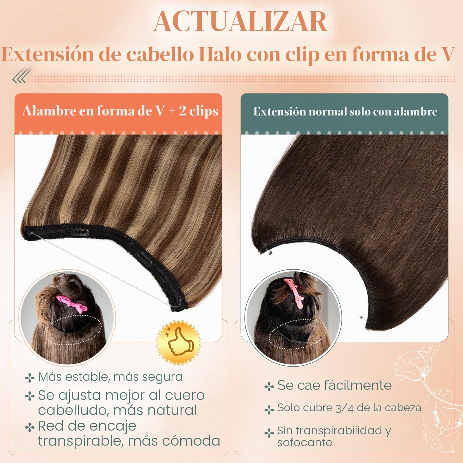 Benehair Extensiones de Alambre de Cabello Humano, 65g Una Sola Pieza Invisibles Extensión, Ajustables de Cabello Humano Extensiones, Halo de Alambre de Cabellera Real, 45CM #4RP27R