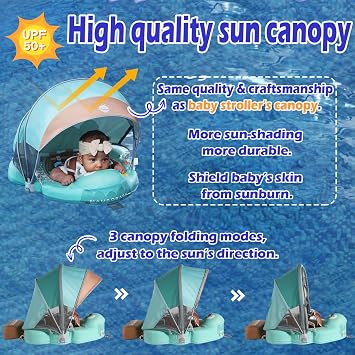Mambobaby マンボベイビー 空気注入式ベビープールフロート 尻尾とキャノピー付き UPF 50+ 日焼け防止 フリップオーバーなし 乳児用浮き輪 肌に優しいマンボフロートスイムトレーナー ソリッドベビースイミングリング