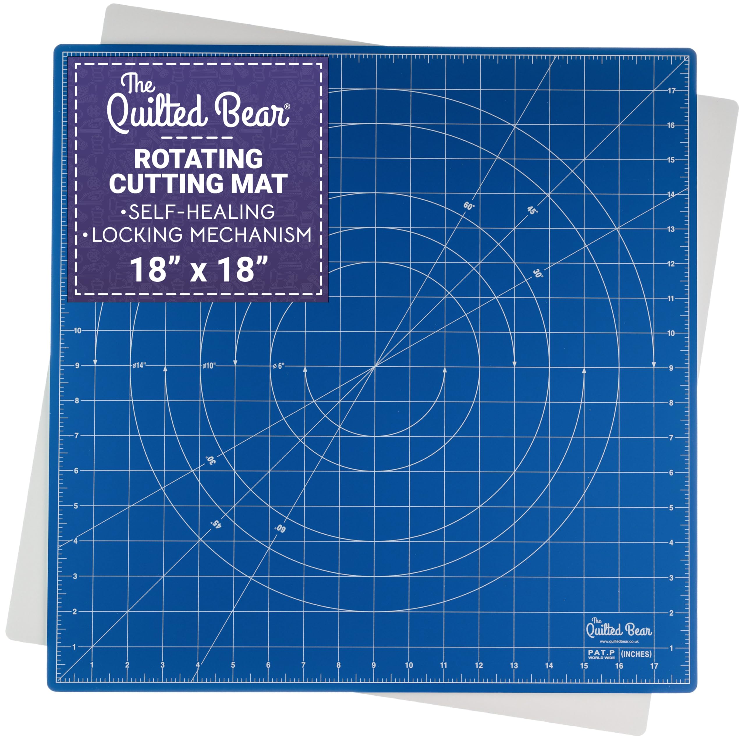The Quilted Bear Rotating Cutting Mat 18" x 18" - Locking & Rotating Self Healing Cutting Board for Sewing, Fabric & Effortless Quilting - 360 Degree Sewing Supplies Mat for Craft Table (Blue)
