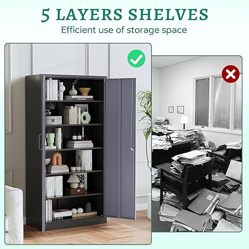 Miniatura 5 de Letaya Armario de almacenamiento de metal con puerta de cerradura y 5 estantes, gabinete de herramientas de garaje de acero de 6 niveles para
