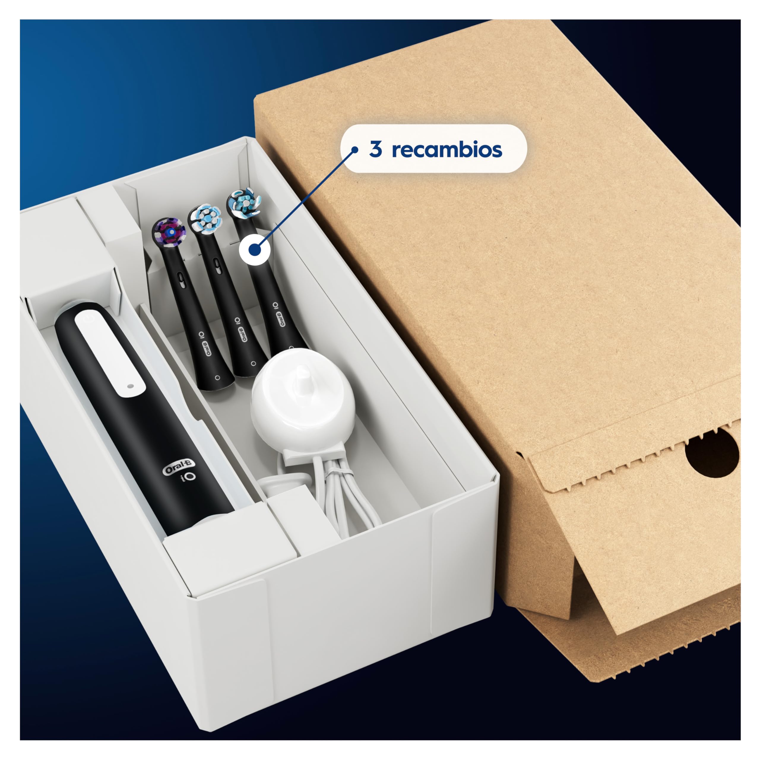 Oral-B iO 3 Cepillo de Dientes Eléctrico con 3 Cabezales, Negro - Cepillo Dental con Sensor de Presión, 3 Modos de Cepillado con Blanqueamiento Dental Y Temporizador, Diseñado por Braun