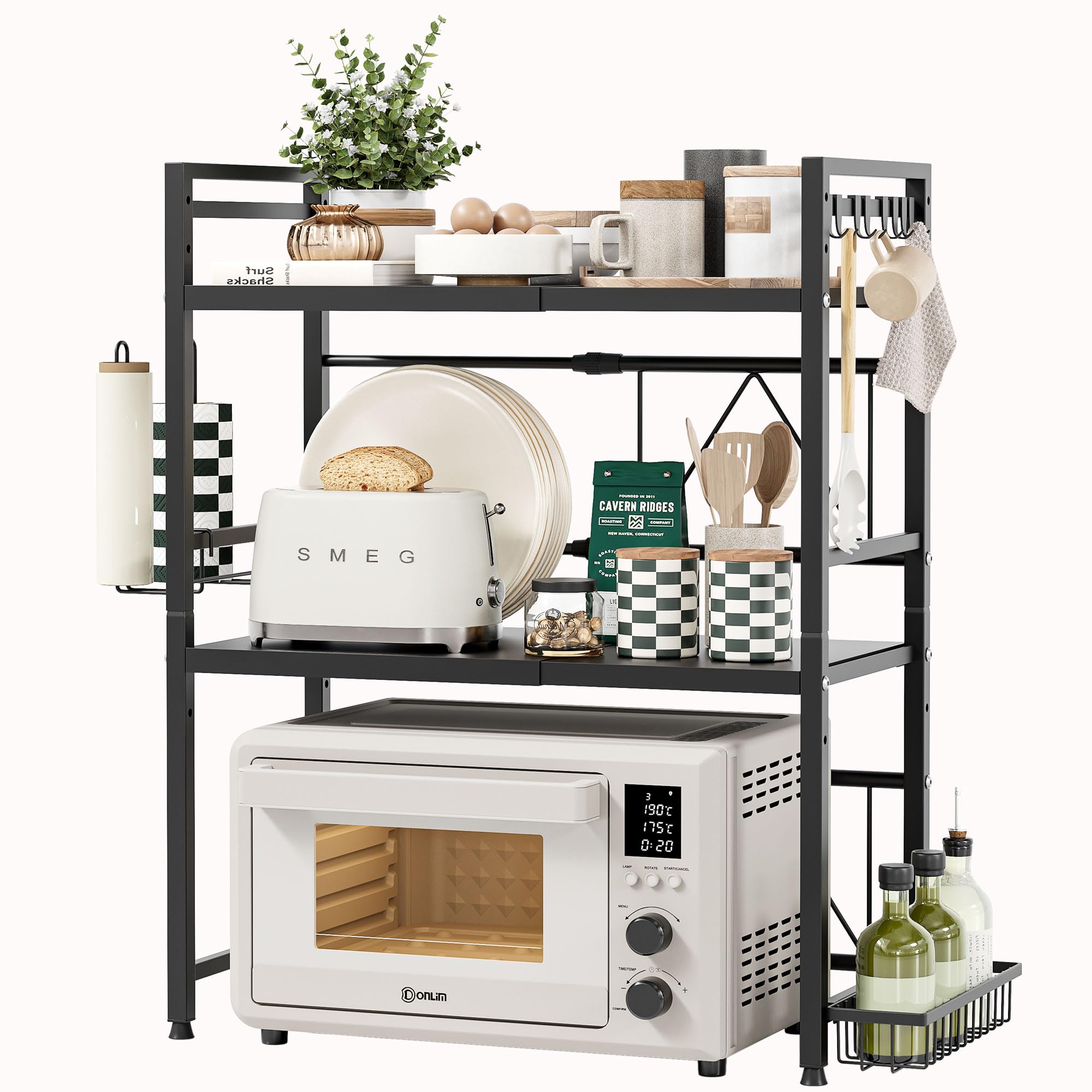 NETEL Soporte Extensible para microondas de 3 Niveles, Estante microondas encimera Ajustable, Soporte de Horno de Cocina, estanteria Cocina encimera con 8 Ganchos,portarrollos y Cesta, Negro