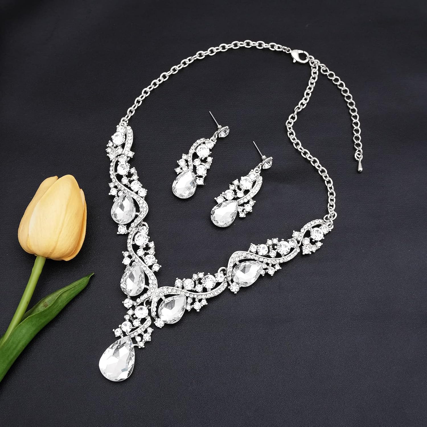 CSY Women's Elegant Bridal Necklace Earrings Stretch Bangle Bracelsts Set for Bride Bridesmaid Wedding Teardrop Crystal Costume Jewelry Sets - Image 4