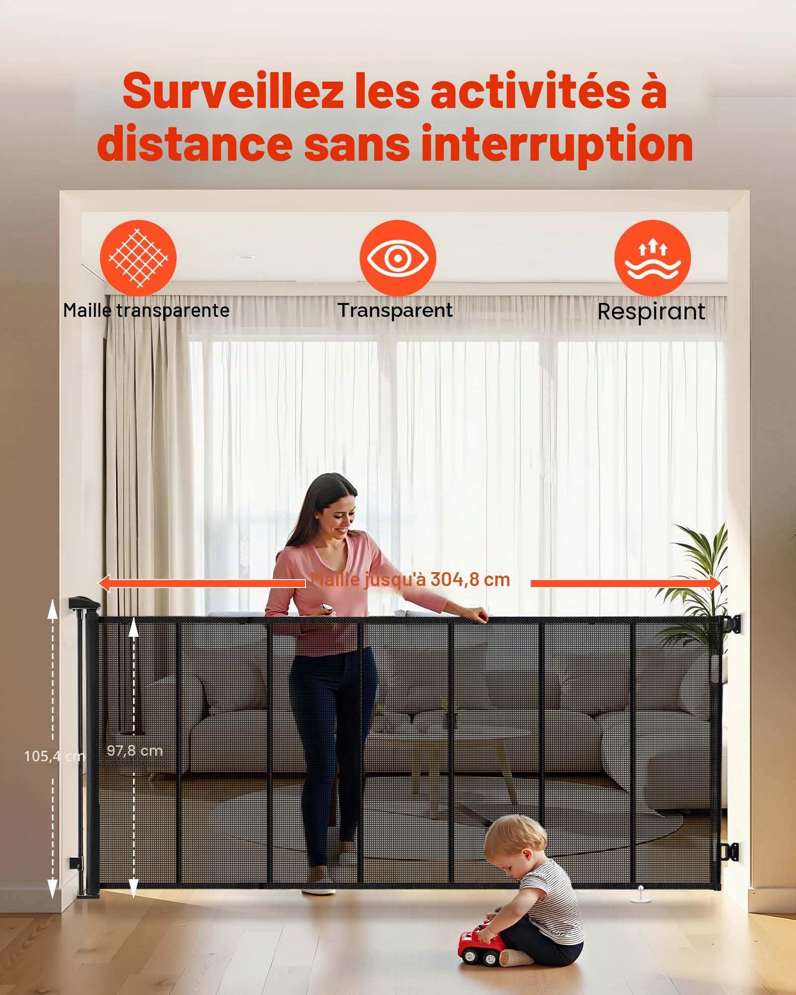 VEVOR Barrière de Sécurité Extensible, Clôture en Maille Jusqu’à 305 cm de Large et 98 cm de Haut, Barrière Rétractable avec Bandes Renforcées en Fibre de Verre, pour Couloir Escalier Porte, Noir
