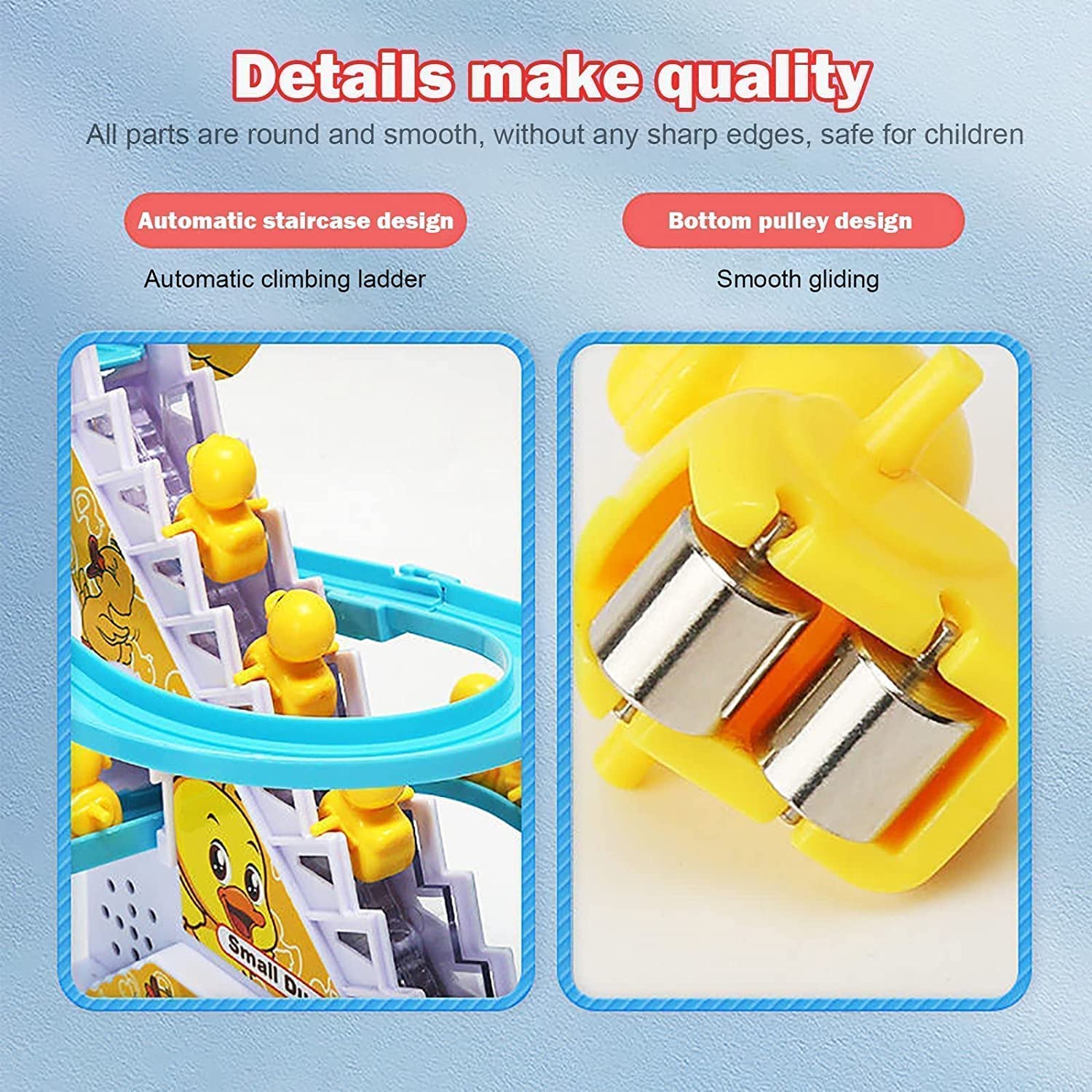 SKUVIZ Duck Slide Toy Set, Funny Automatic Stair-Climbing Ducklings Cartoon Race Track Set Little Lovely Duck Slide Toy Escalator Toy with Lights and Music 4