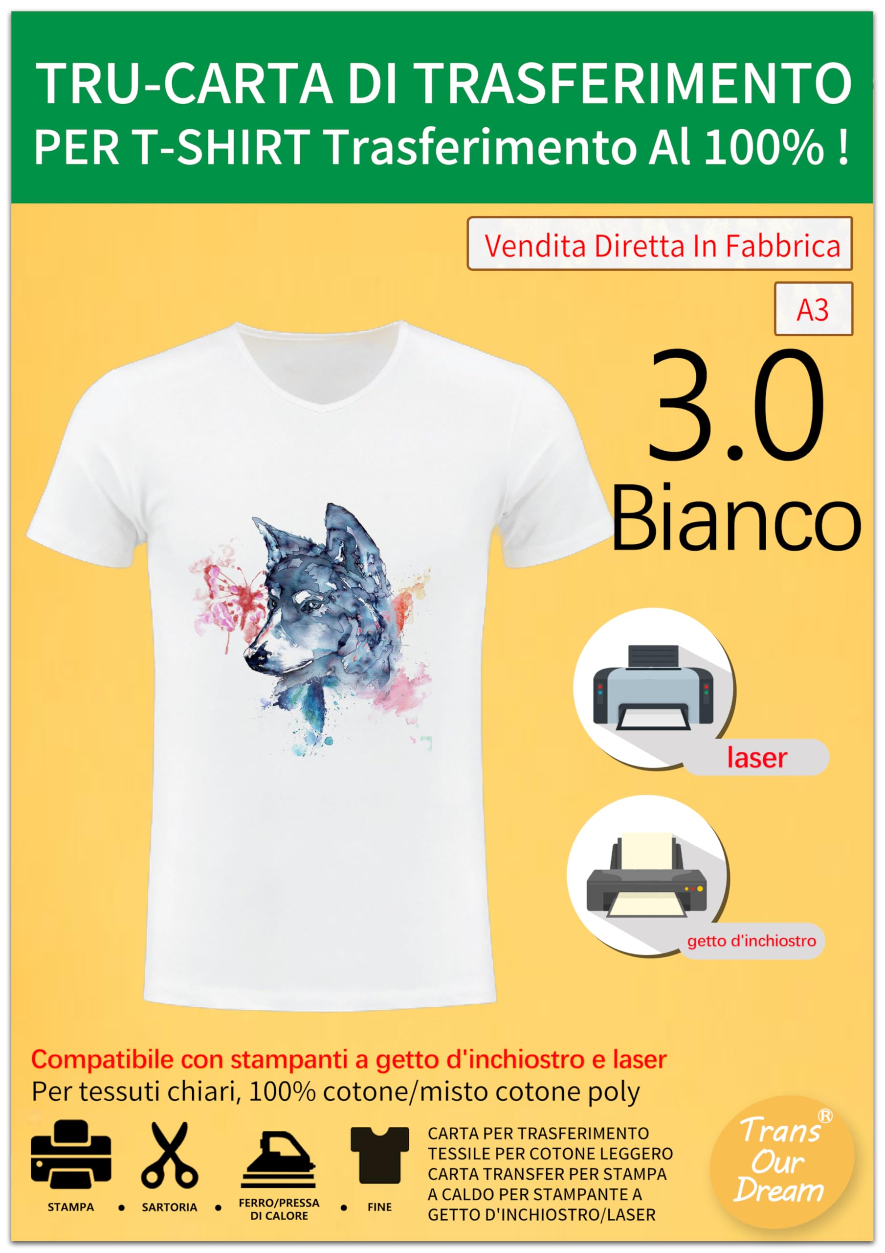 TransOurDream Carta per trasferimento in Tessuto per Cotone Leggero, stampanti a Getto d'inchiostro e Laser, Carta per trasferimento in Tessuto, Fogli A4X10, Colore: Bianco（I-2-3.0-11）