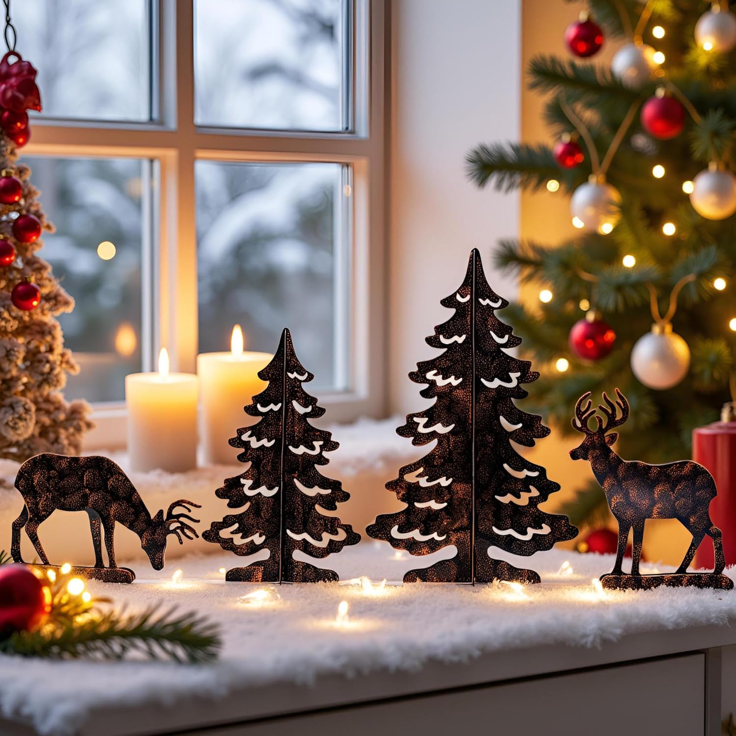 YULETIME 4-Piece Metal Christmas Reindeer and Tree Scene Silhouette Set, Winter Forest Deer & Spruce Landscape Holiday Tabletop Ornament