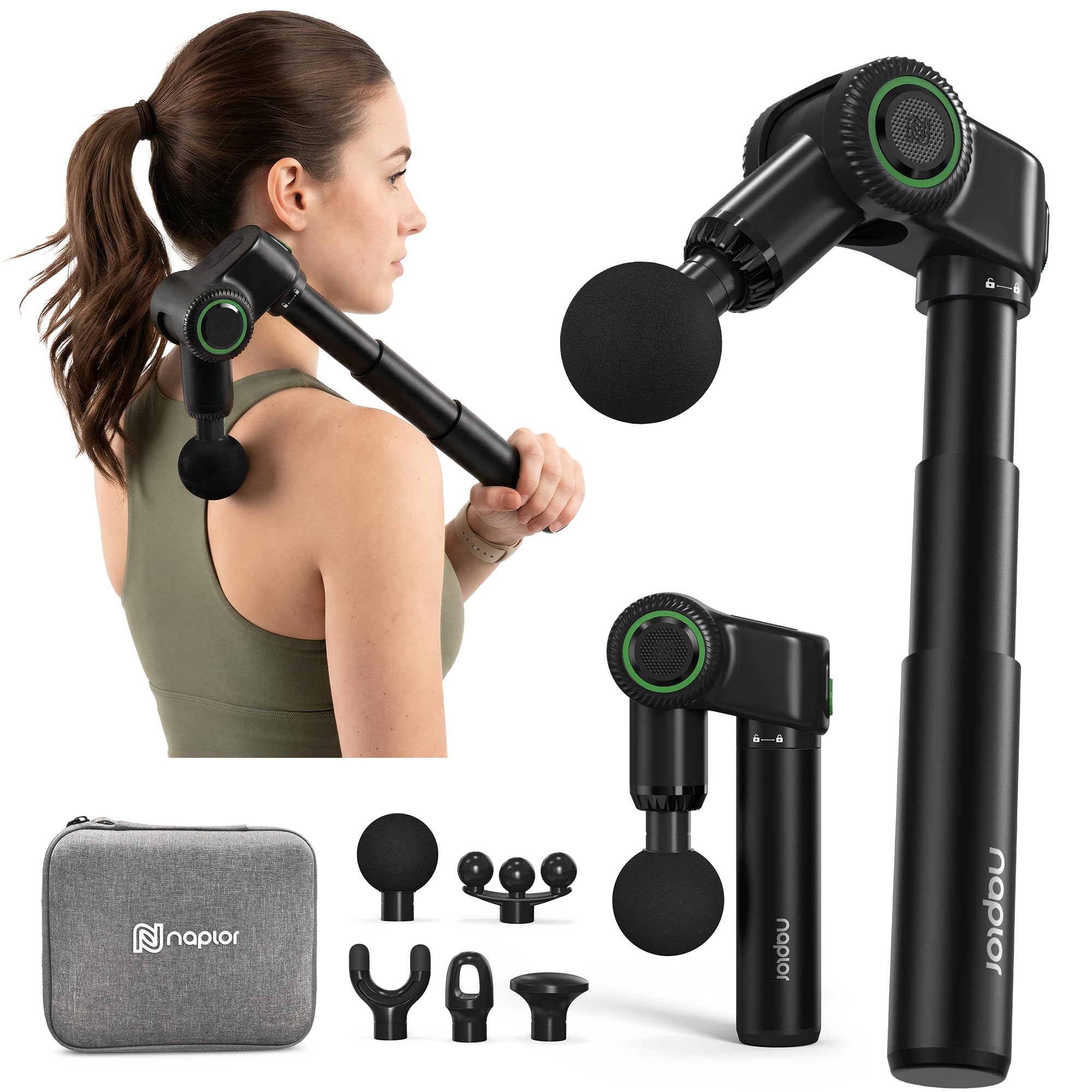 Pistolet de Massage Musculaire Profond Pliable avec Poignée Extensible | Masseur dos 3-en-1 avec 5 angles réglables, massage par percussion 10 mm, 5 Vitesses, étui de transport inclus
