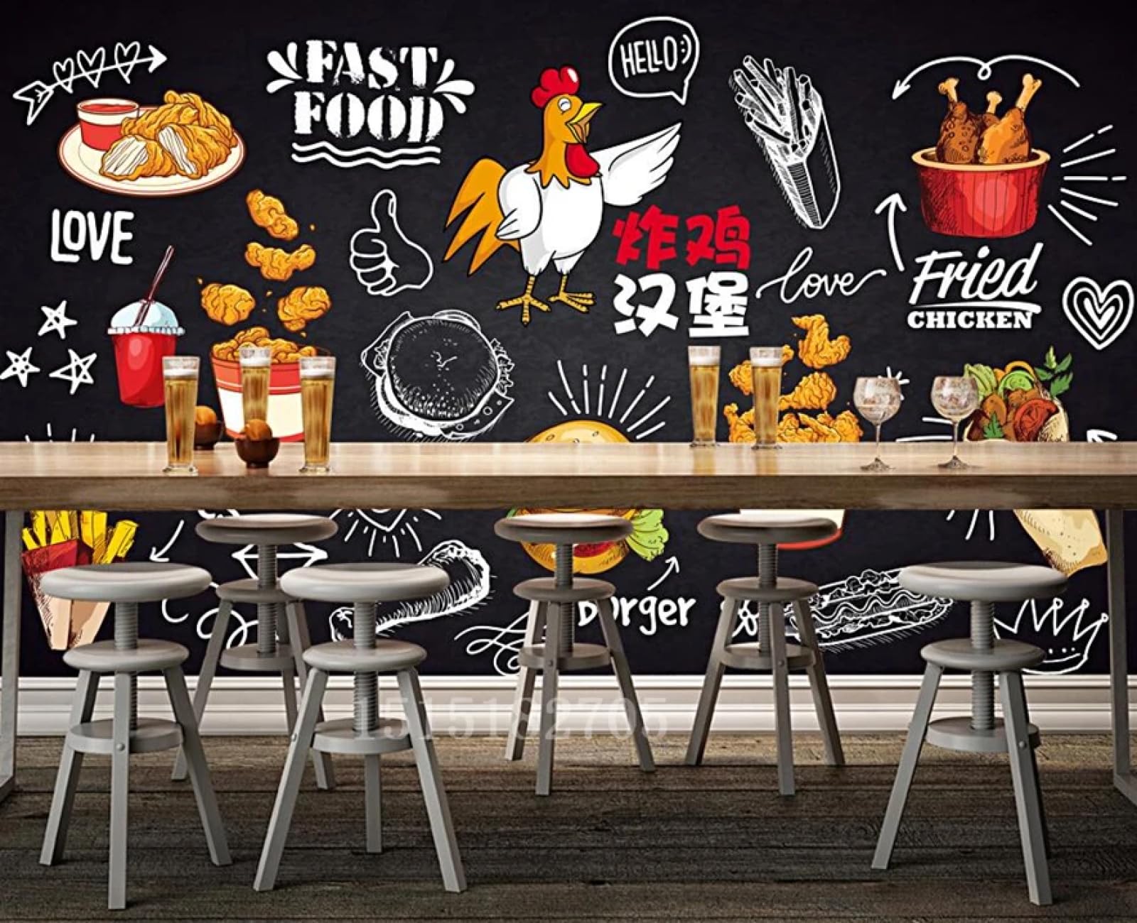 3D mural tablica ręcznie malowane burger tapety jadalnia fast food tło tapeta ścienna, 3D, 430 x 300 cm