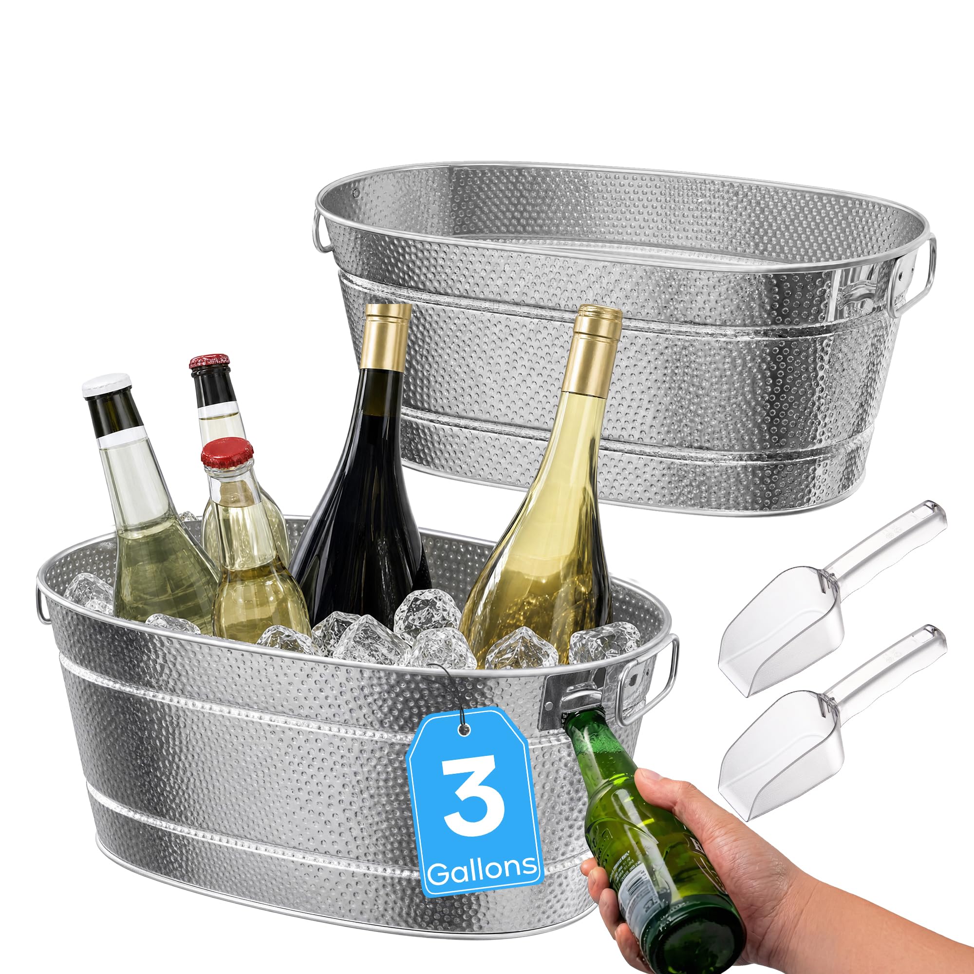 Photo 1 of 2 Pack Galvanized Tub with Handles - Beverage Tub with 2 Ice Scoops, 3 Gallon Ice Bucket for Parties, Metal Drink Buckets for Parties for Champagne Cocktails Wine Cooling for Mimosa Bar Supplies