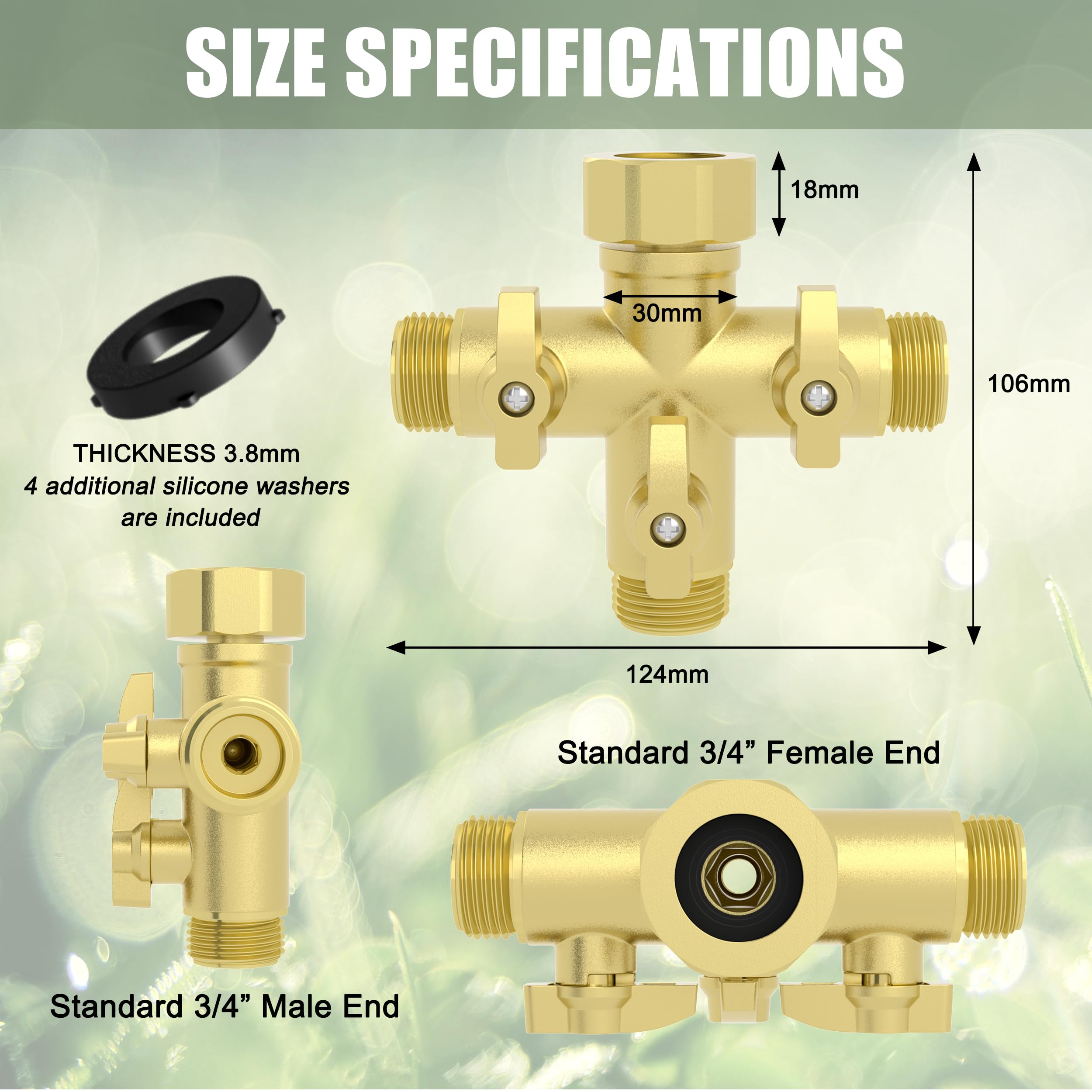 YANWOO Splitter per tubo da giardino a 3 vie in metallo resistente con valvole di intercettazione, connettori per rubinetto ad alto flusso da 3/4" con 4 rondelle extra in silicone