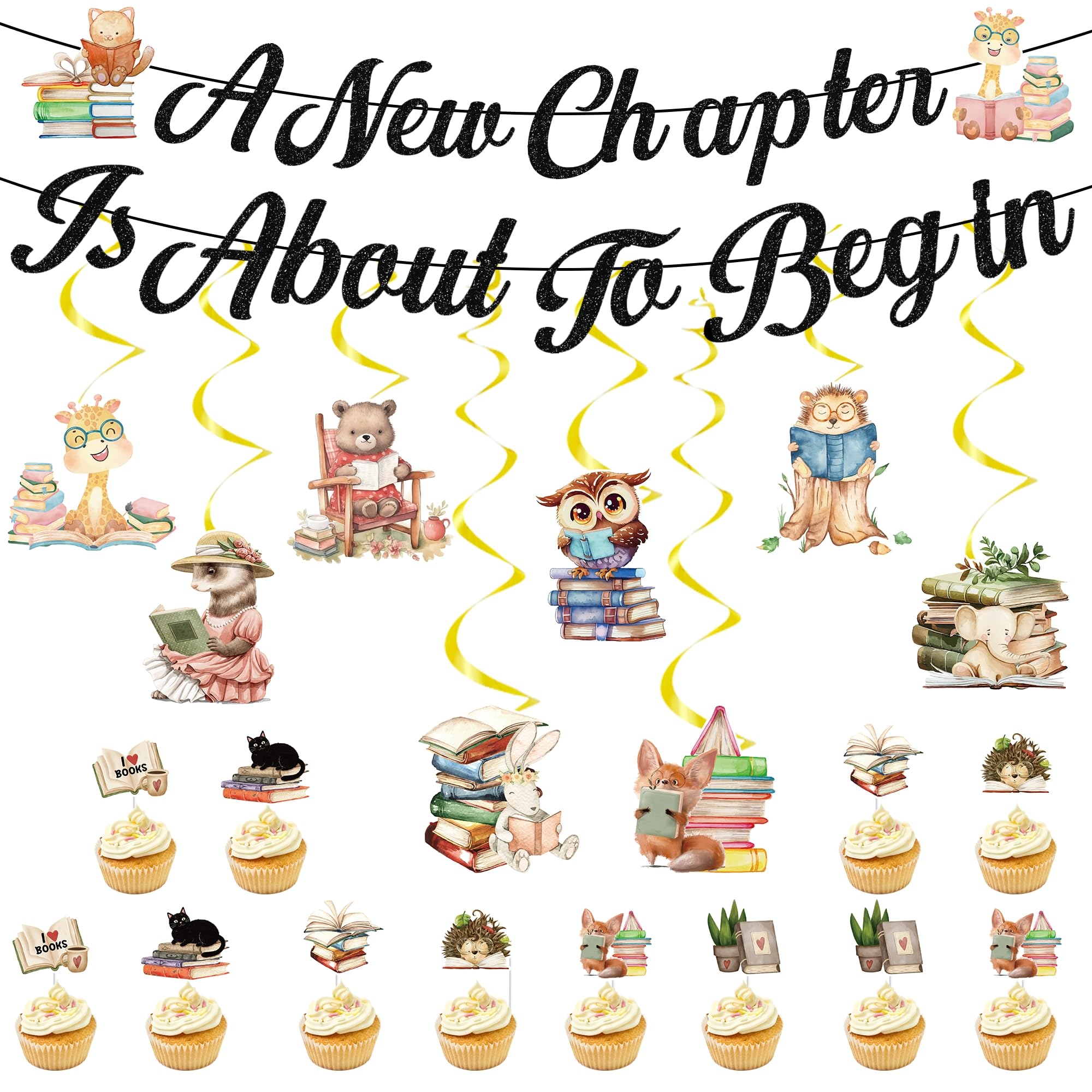 Book Themed Party Decorations, a New Chapter Begins Storybook Baby Shower Party Supplies Set with 2 Banners, 12 Cupcake Toppers, 8 Hanging Swirls