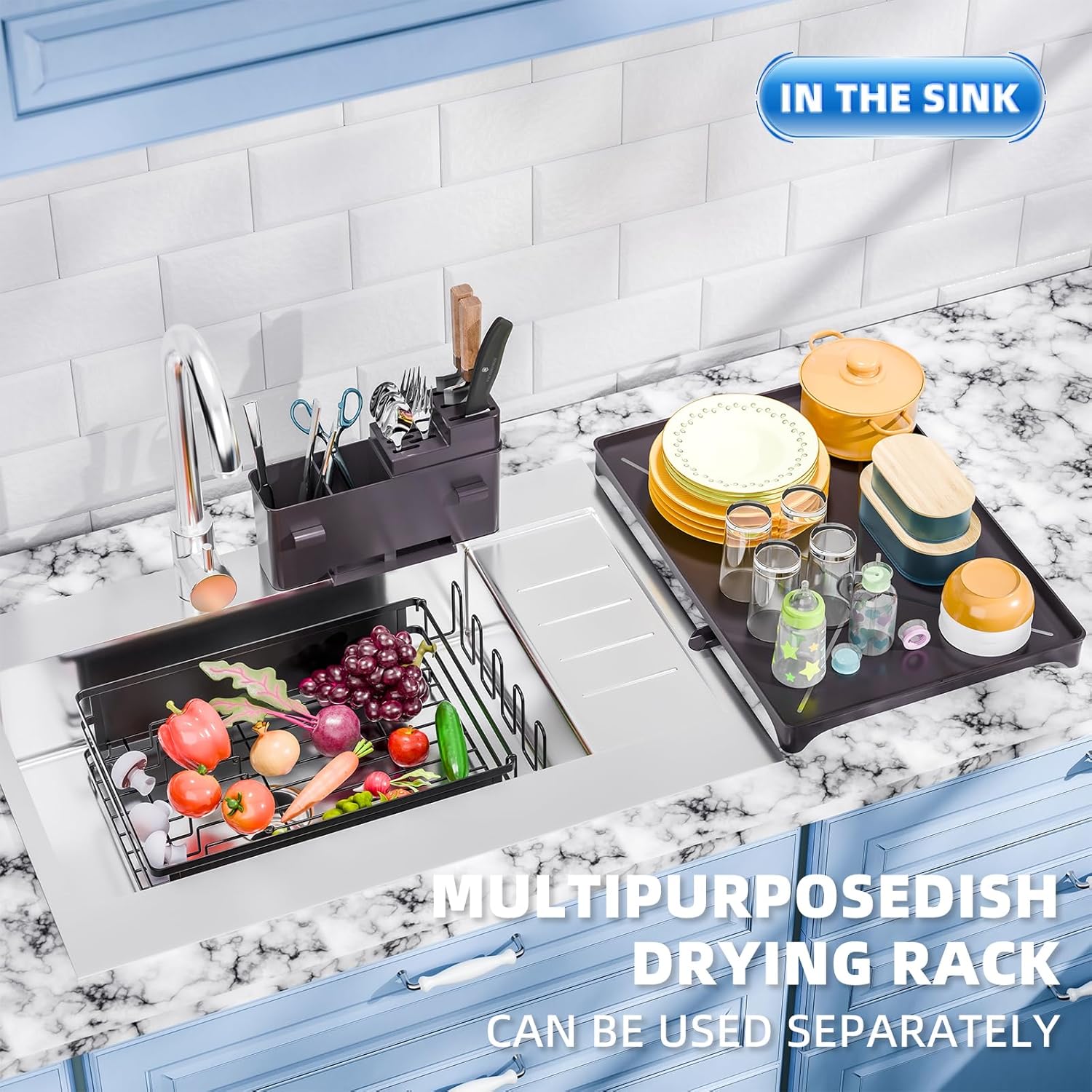 Dish rack positioned over a sink, showing its versatility for in-sink or countertop use