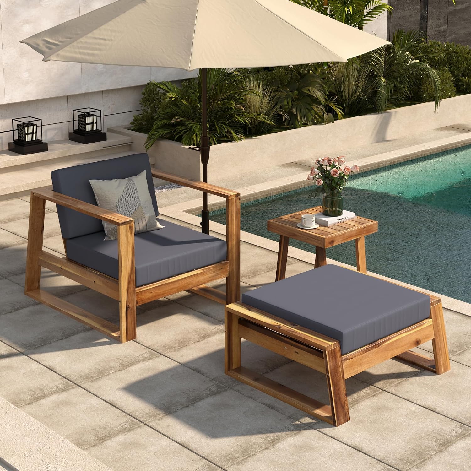 Merax 3 Piece Patio Furniture Set,Acacia Wood Outdoor Lounge Set,Chair & Ottoman and Table, Perfect for Patios, Balconies,and Gardens,Natural+Grey