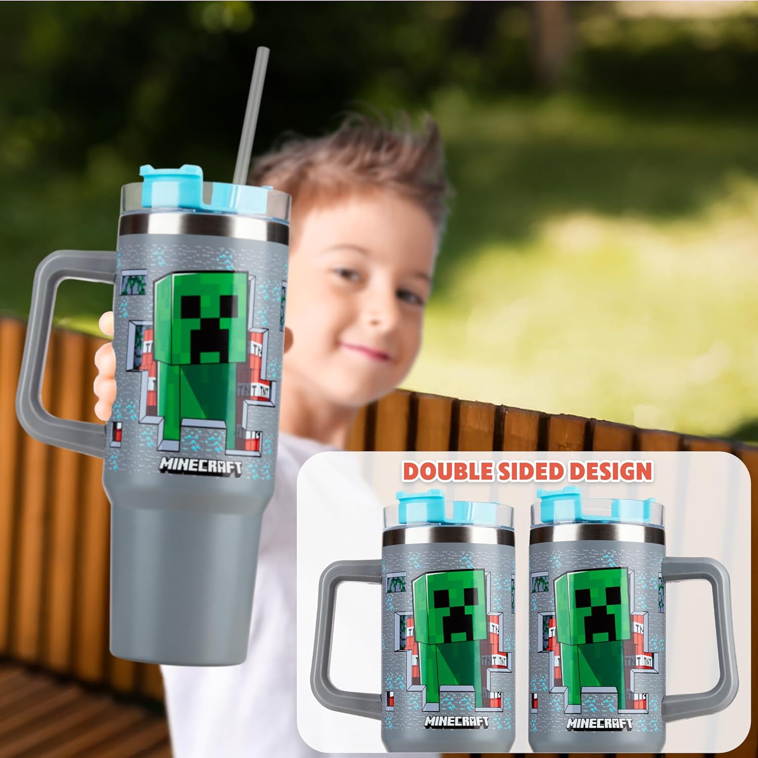 Get Trend Minecraft Kids Tumbler with Straw 28oz Insulated Cup with Lid Handle No Spill Travel Mug School Sports Drinking Cup Gifts for Kids (Grey Minecraft) - Image 5