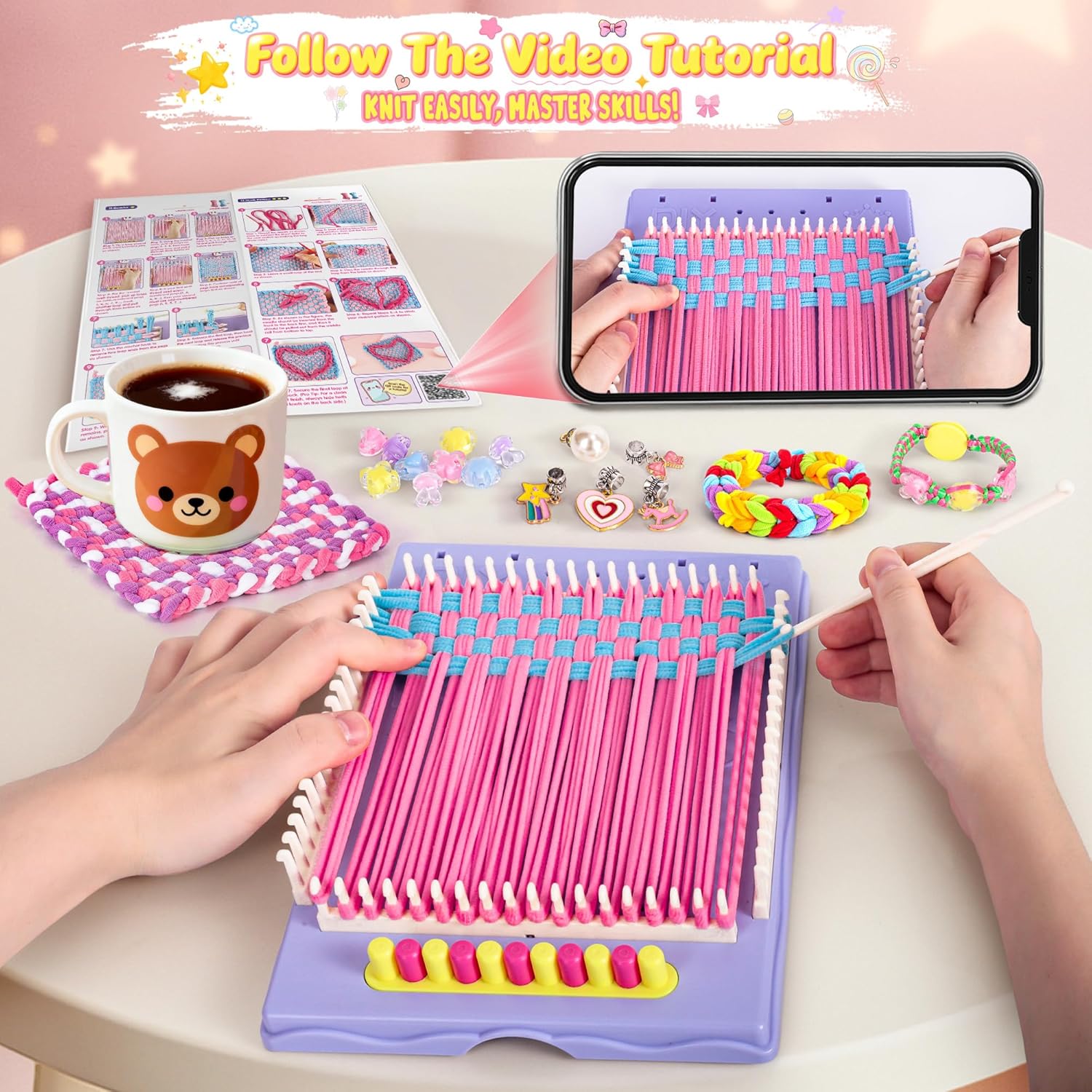 Nicella Multi-Functional 400+ Pcs Friendship Bracelet Making Kit for Girls,Weaving Loom Kit Toys, Craft Kits for Kids,Age 6-12 Year Old Girls Gifts Ideas, Bracelet & Coaster & Bag Weaving Making kit - Image 9