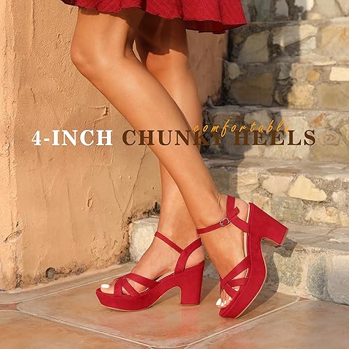 Miniatura 4 de WSKEISP Sandalias de tacón de plataforma para mujer, con correa al tobillo, tacón grueso, de gamuza, puntera abierta, vestido de moda, para boda,