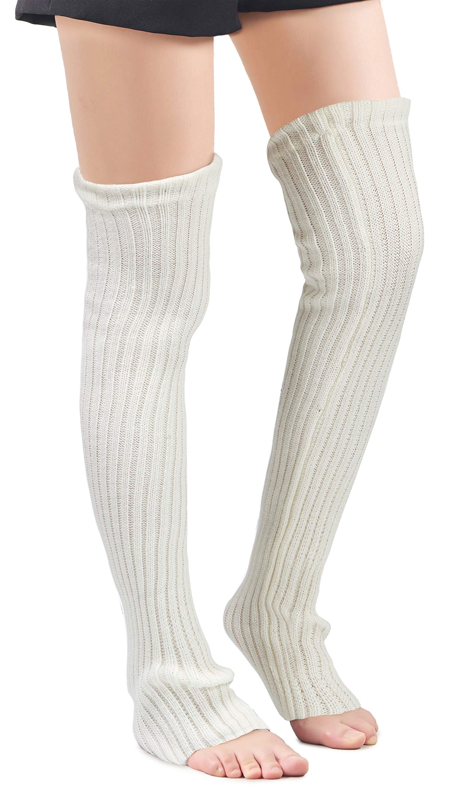 leotruny Women's Winter Over Knee High Footless Socks Knit Leg Warmers - white - One Size